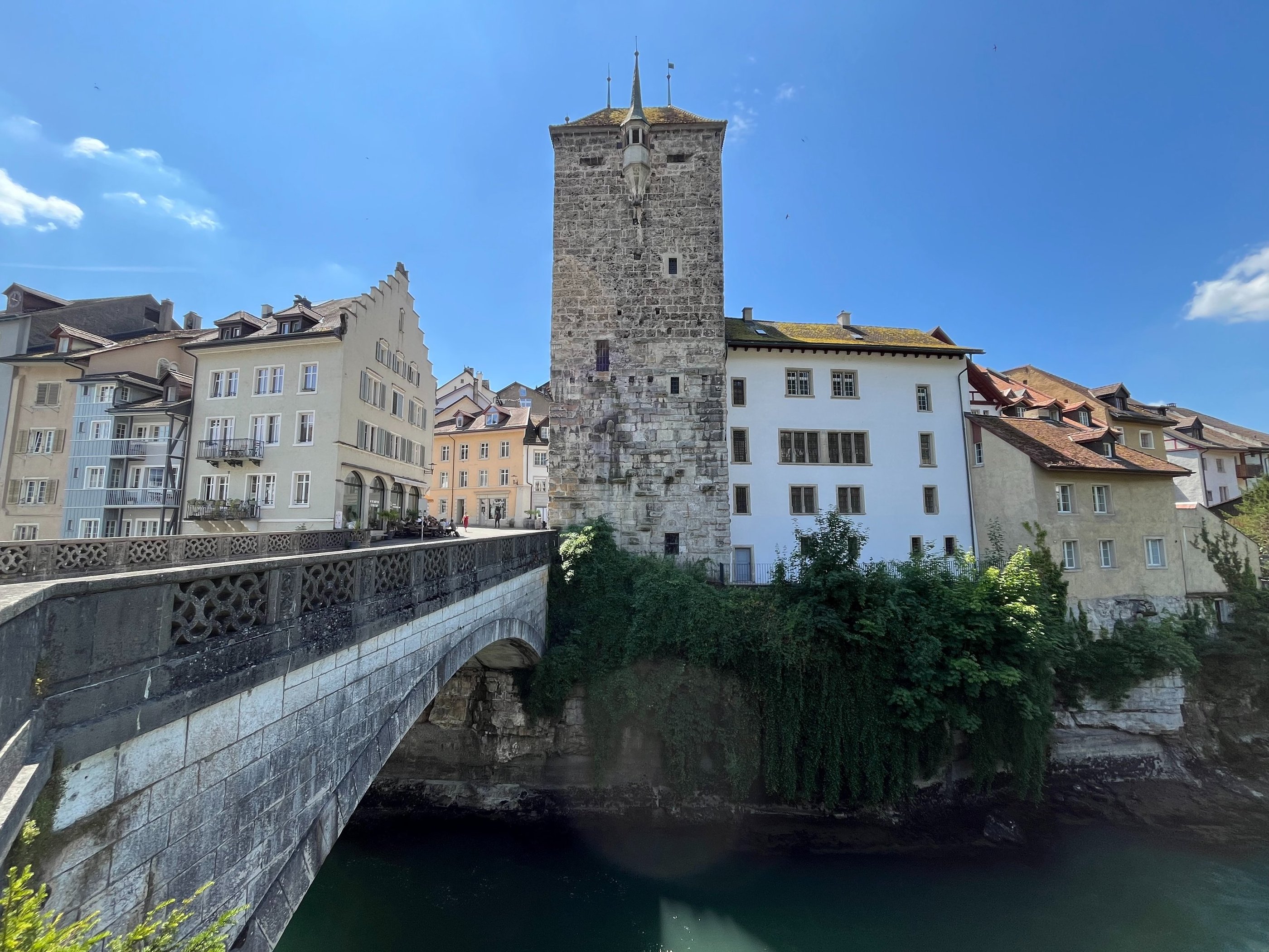 Black tower and bridge over the Aare
