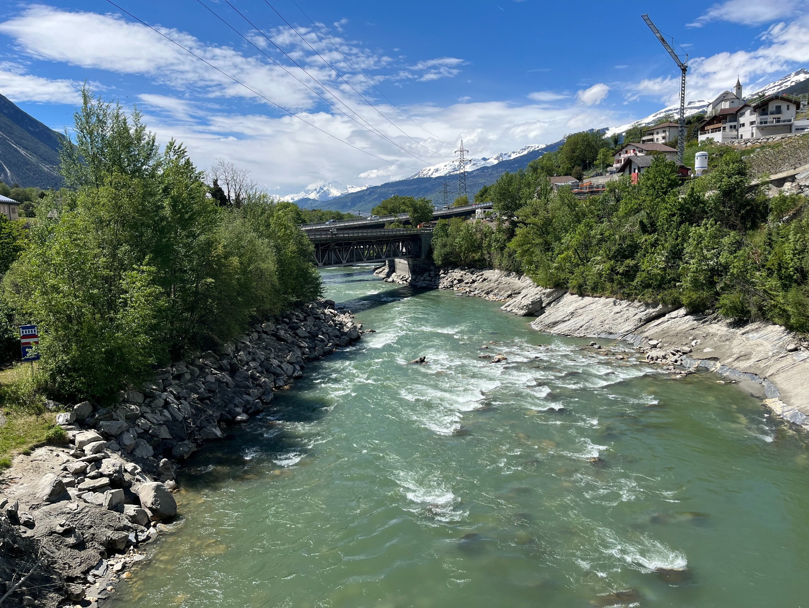 Looking down the Rhône River in the town of Leuk