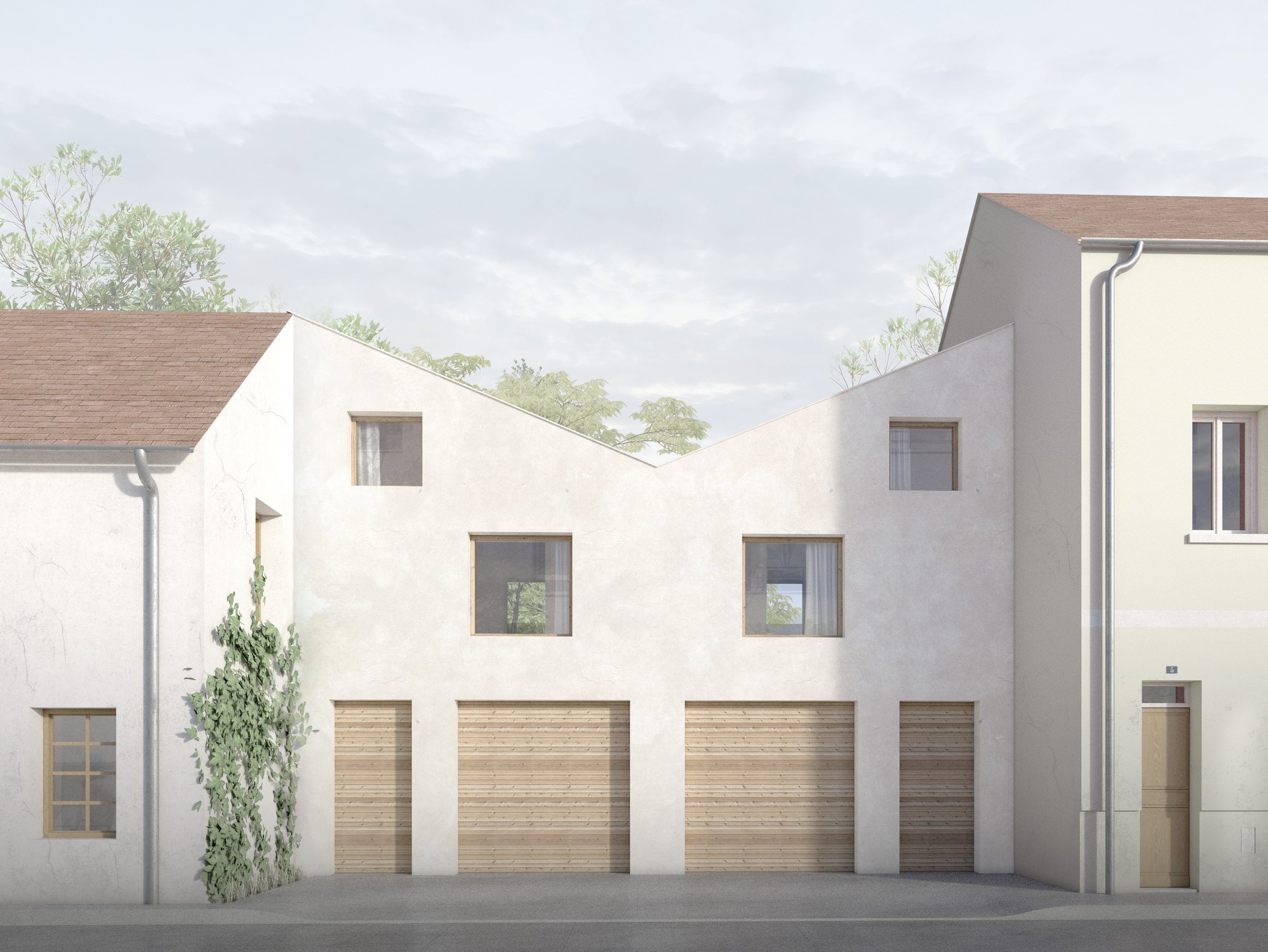 a row of garage doors with garage doors open