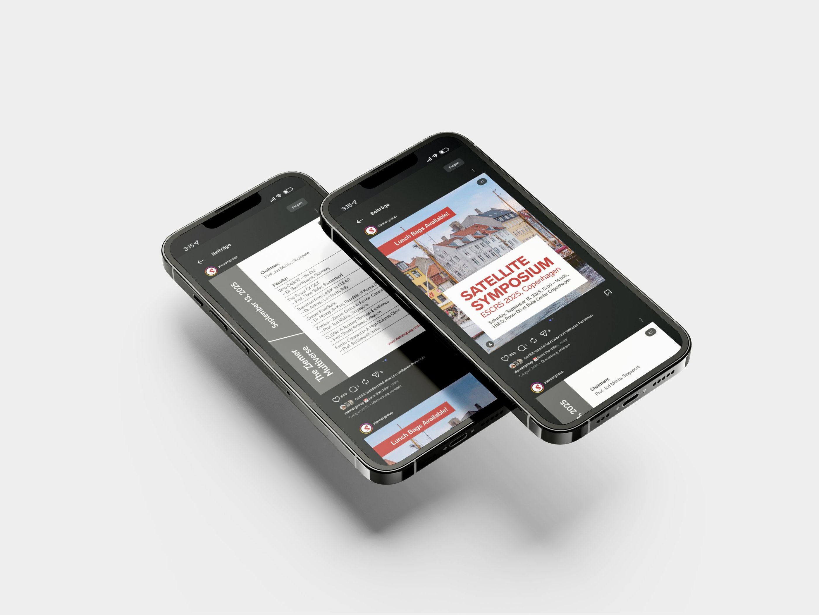 Zwei iPhones mit Social-Media-Beiträgen zum ESCRS 2025 Satellite Symposium in Kopenhagen.