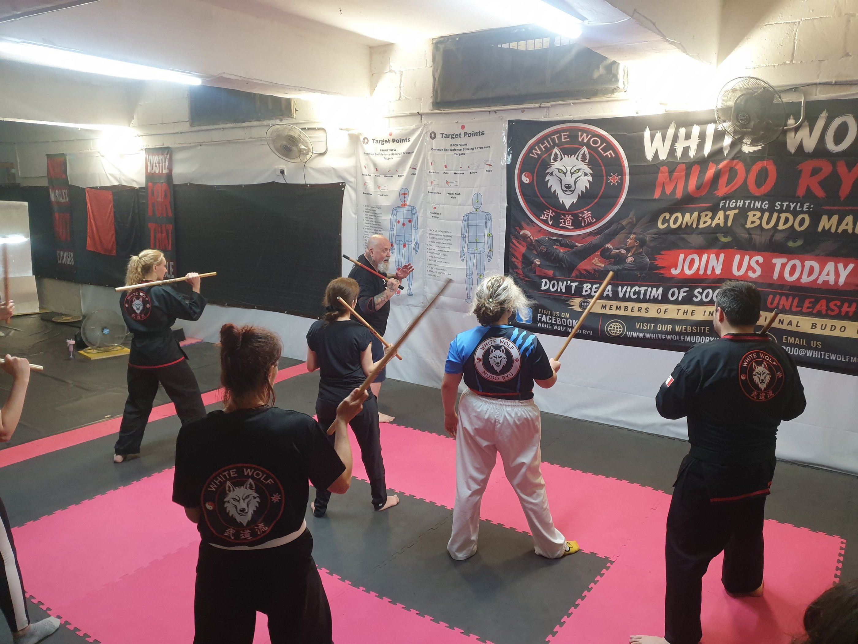 Students practicing Escrima stick fighting techniques during a martial arts class at White Wolf Mudo Ryu dojo.