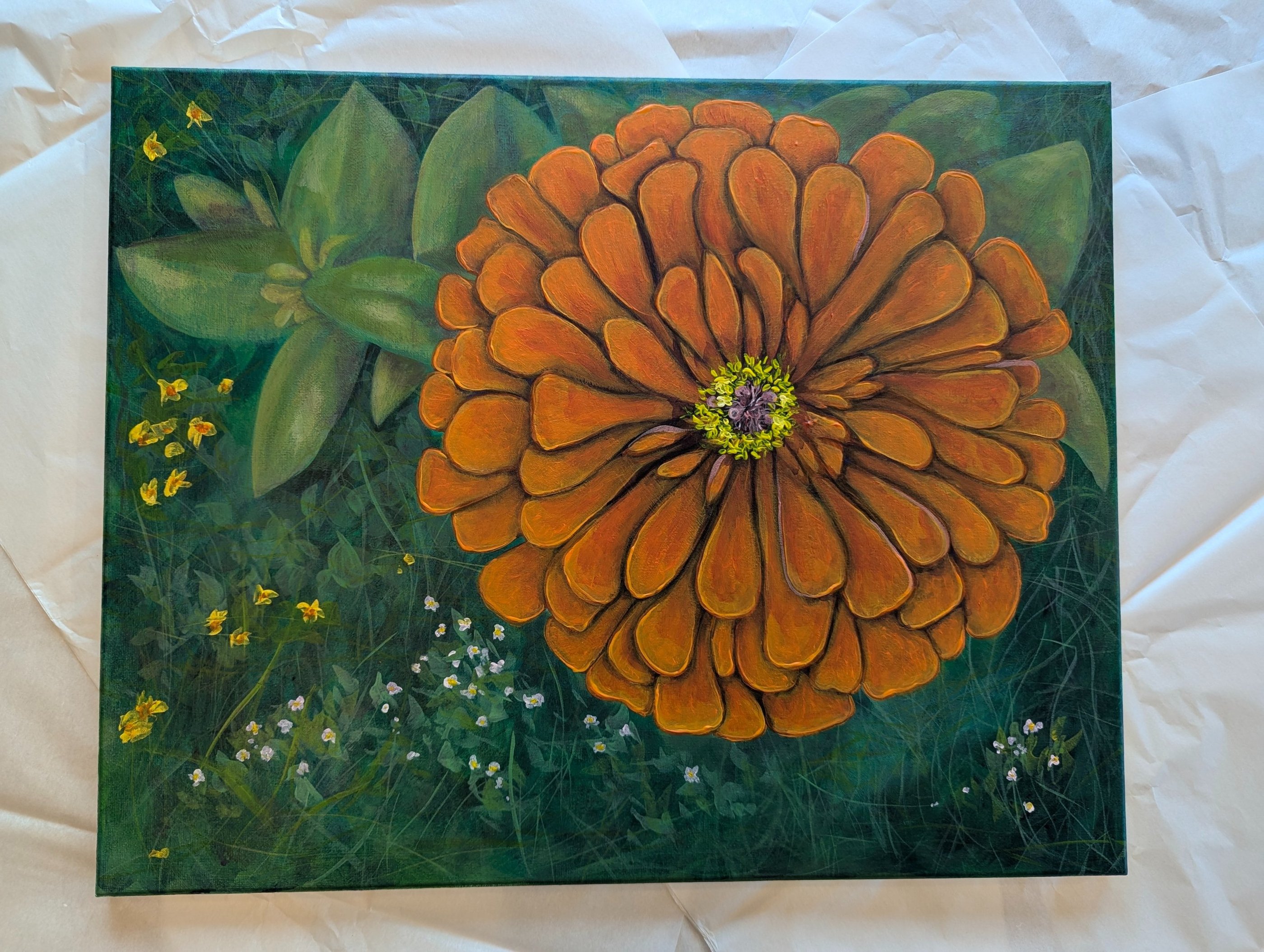A hot summer's day of zinnia, fan-pedal, and creeping phlox flowers in Windsor & Newton acrylics on linen by Kathy LaFollett.