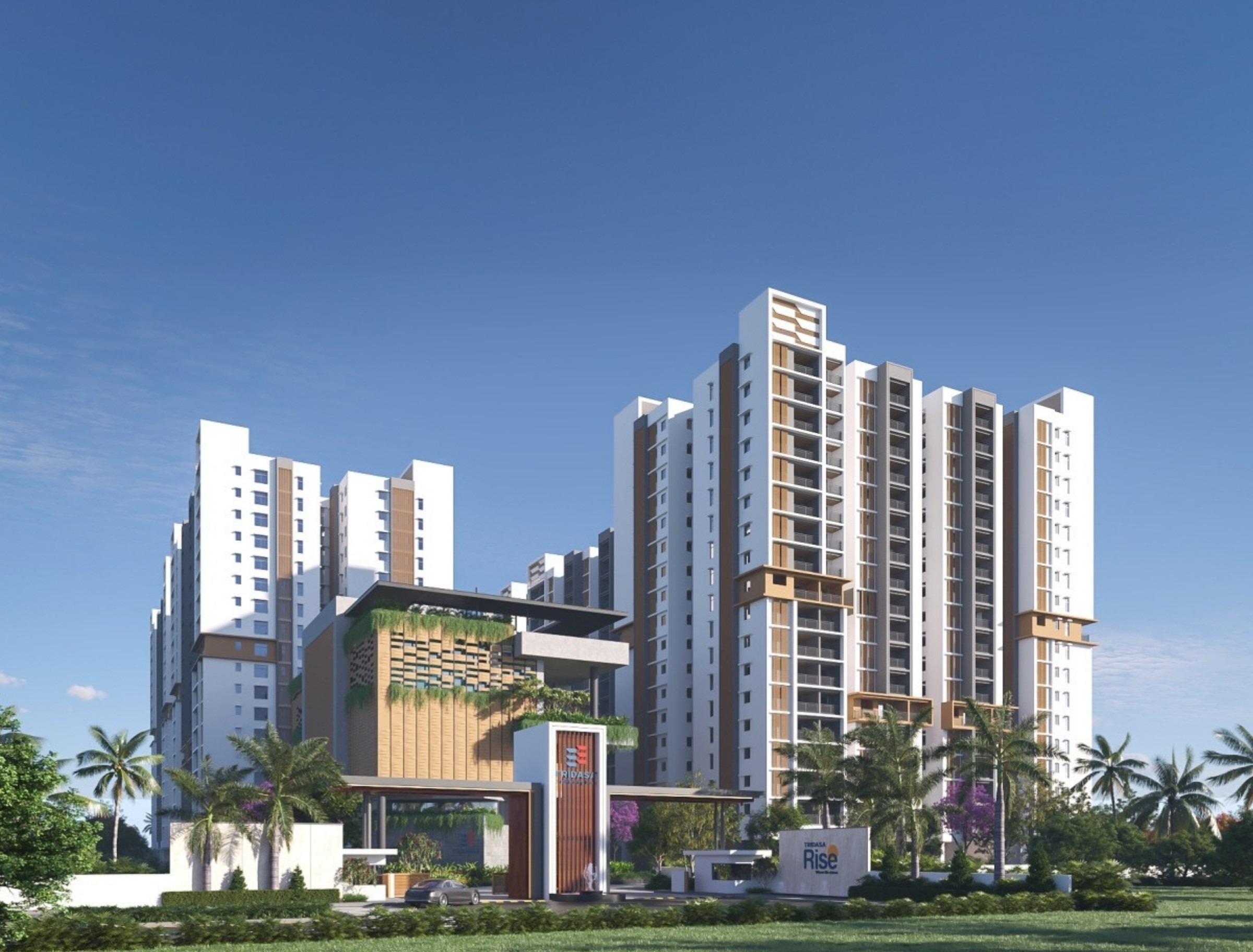Modern facade architectural rendering of Tridasa Rise residential building Nallagandla