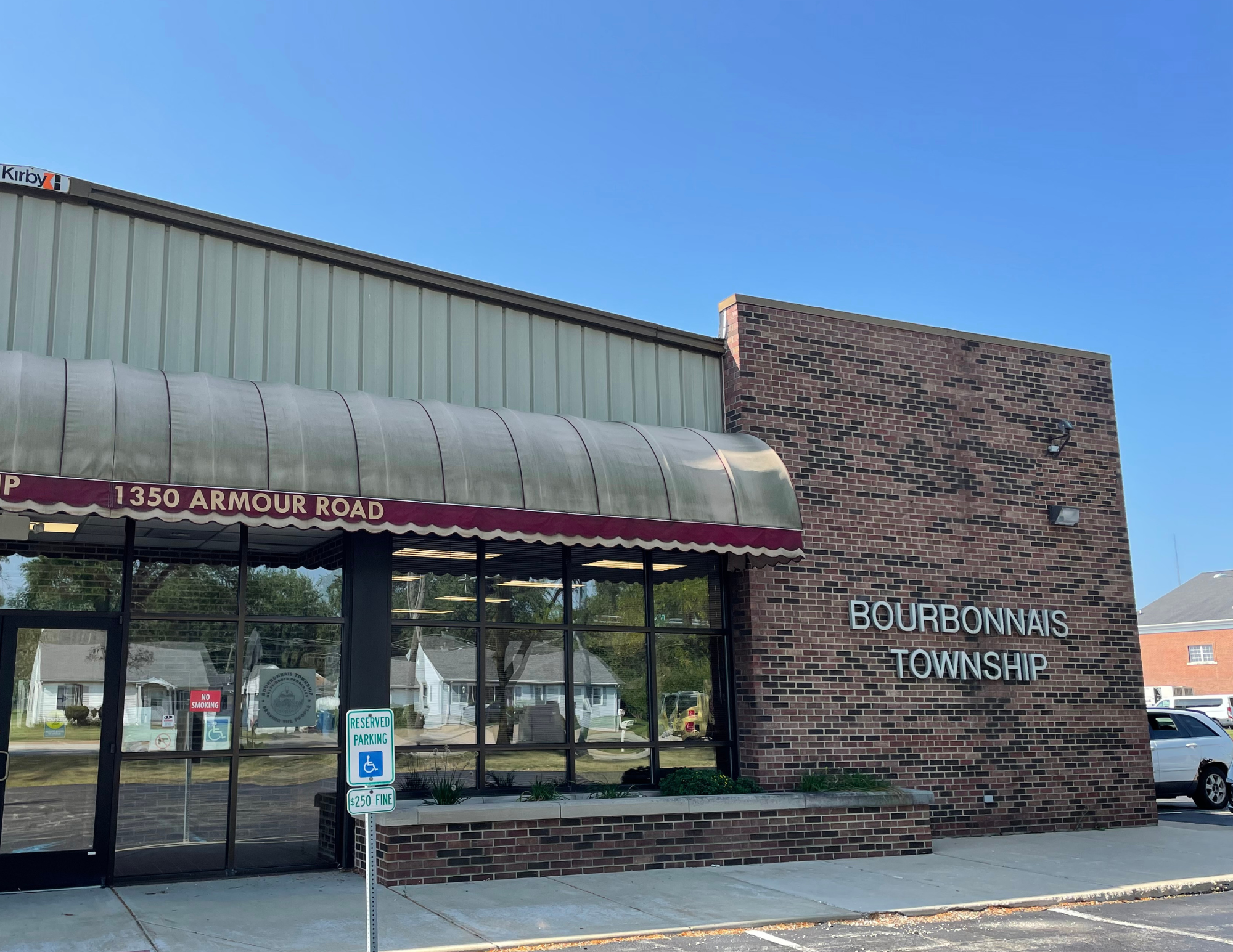 Bourbonnais Township Hall building front entrance facing Armour Road