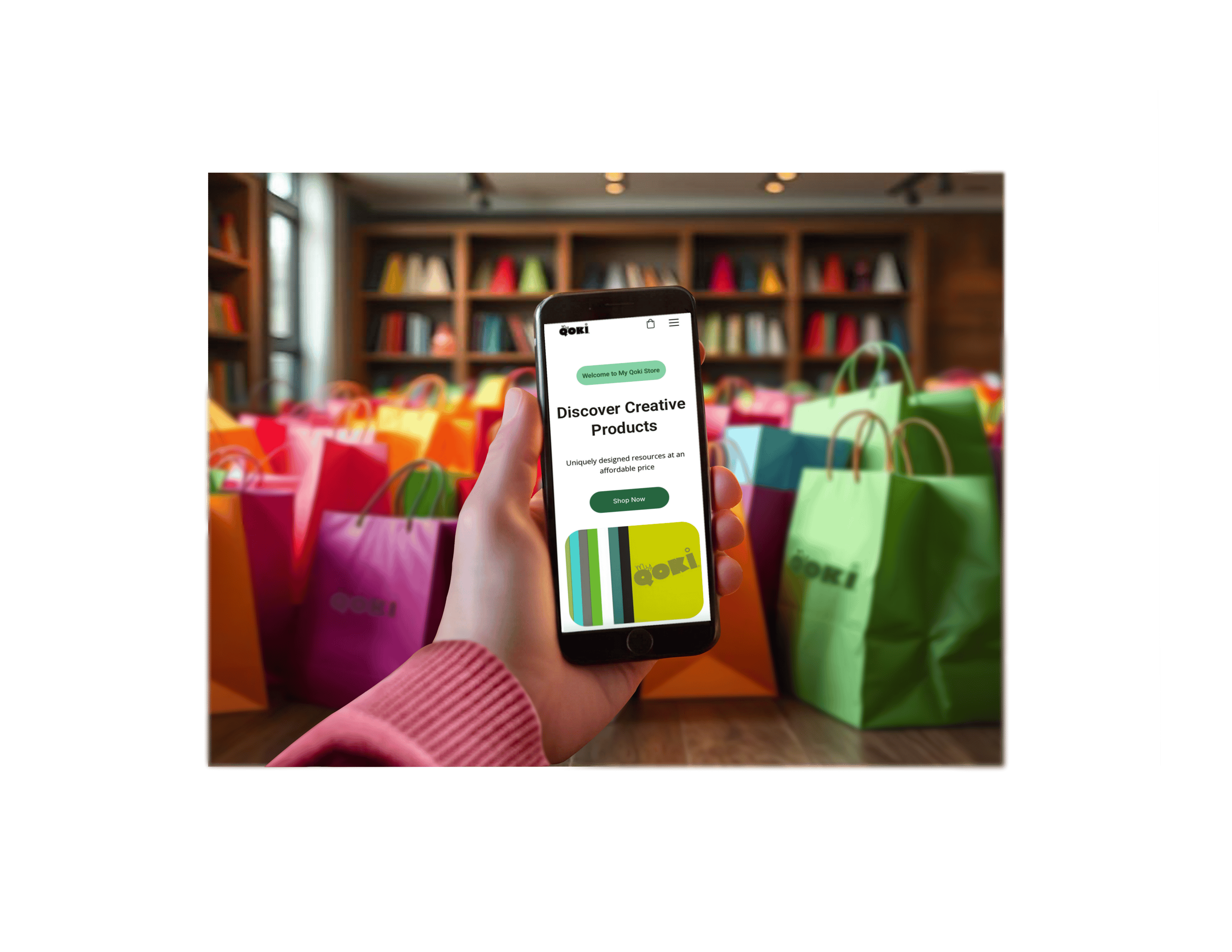 hand holding cell phone in front of shopping bags