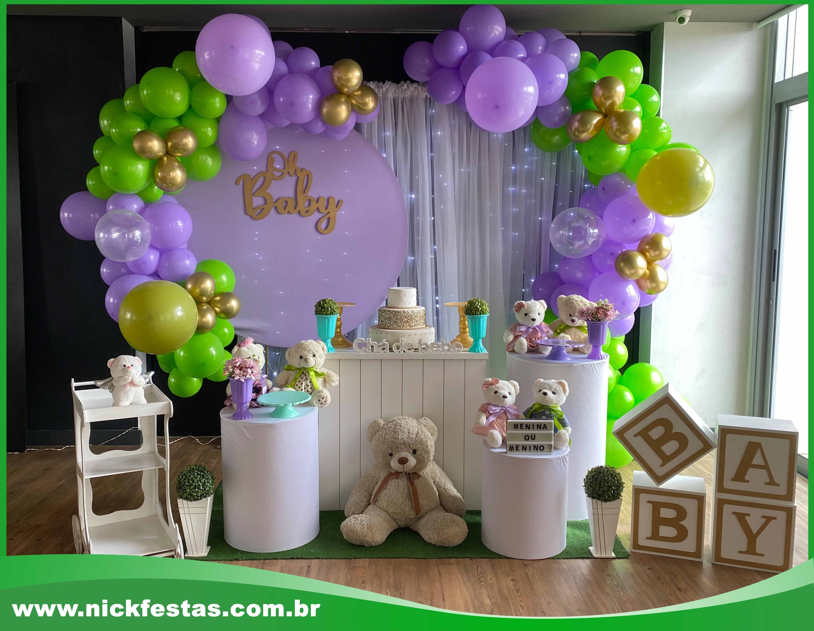 Aluguel de decoração infantil Chá de Bebê Ursinhos Lilás e Verde na Freguesia do Ó