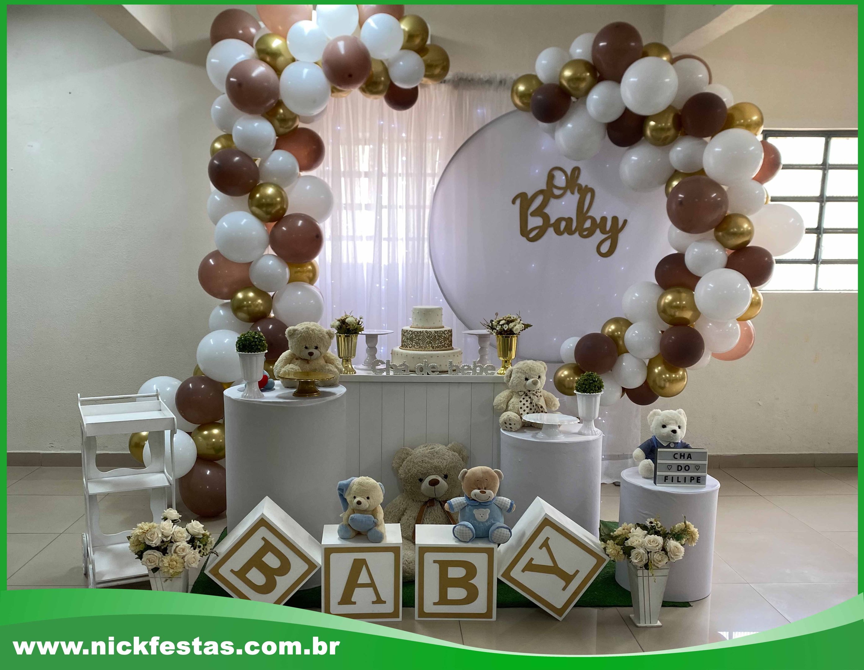 Aluguel de decoração Chá de Bebê Ursinhos Branco e Marrom na Freguesia do Ó