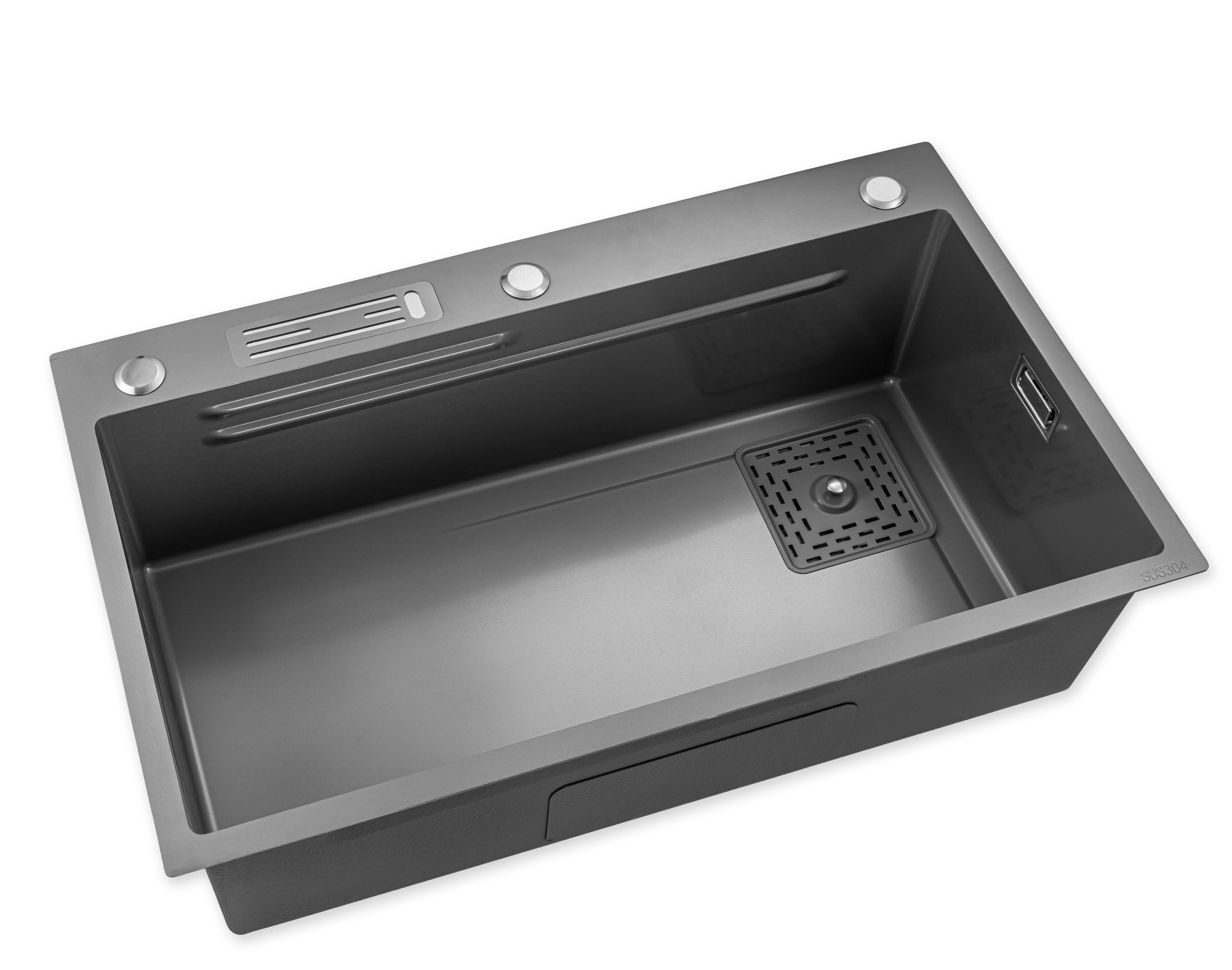 Modern dark grey stainless steel undermount kitchen sink with a rectangular drain and built-in glass rinser.
