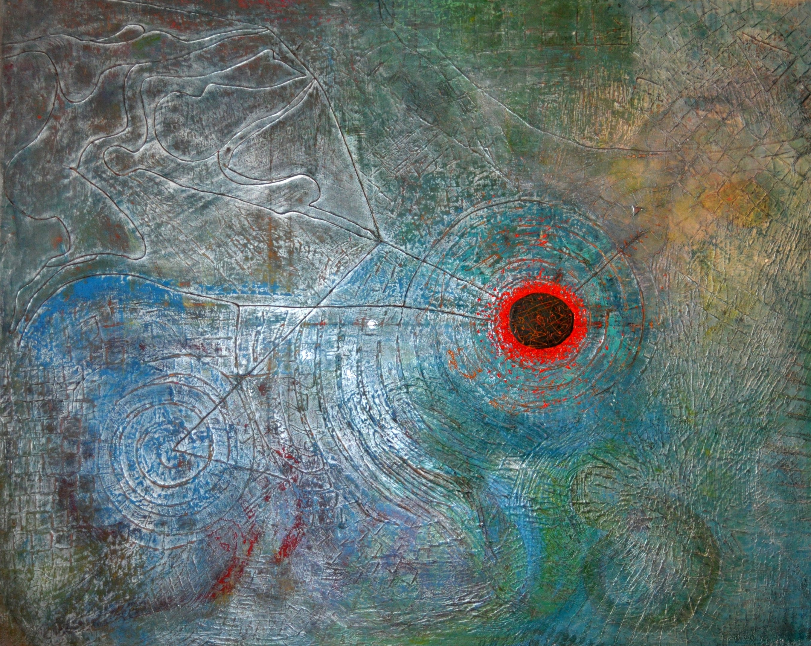 Waterverse' by Kristina Lee is a large abstract canvas using acrylic paint and other materials.