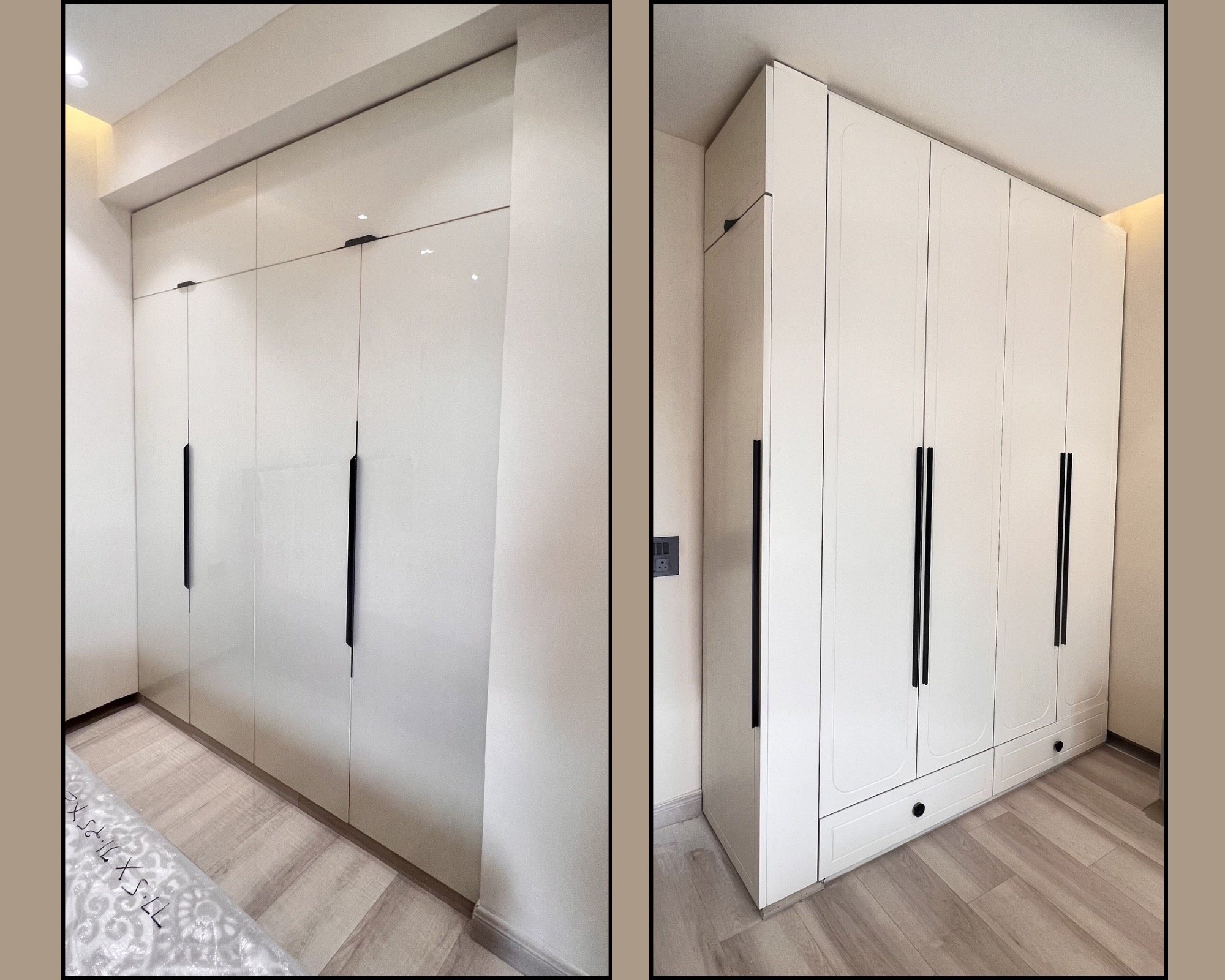 Modern custom white built-in floor-to-ceiling wardrobe with sleek black handles and wood flooring.