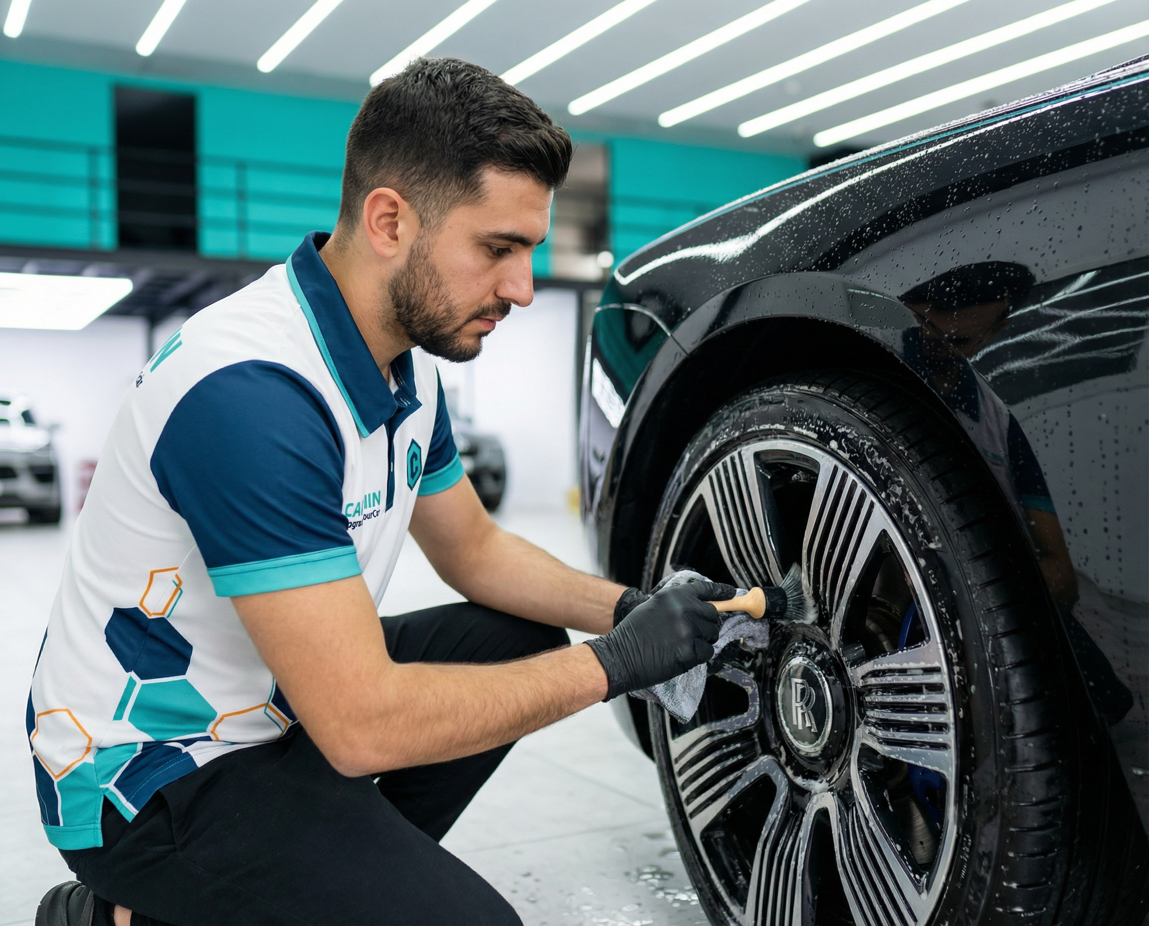 Professional car detailer cleaning luxury Rolls-Royce alloy wheels with a brush and microfiber towel.