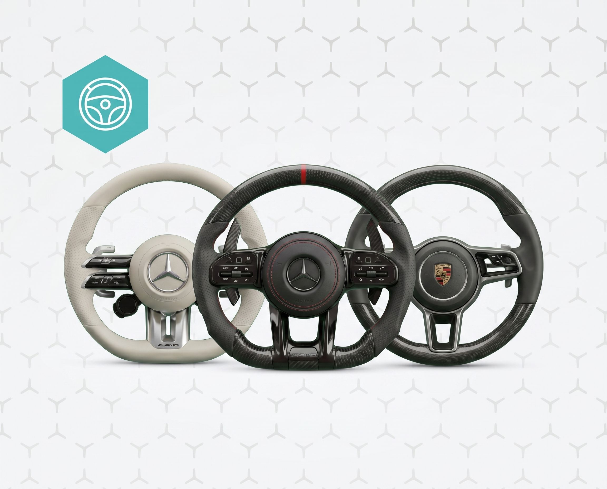 High-performance Mercedes AMG and Porsche steering wheels with carbon fiber and leather finishes.