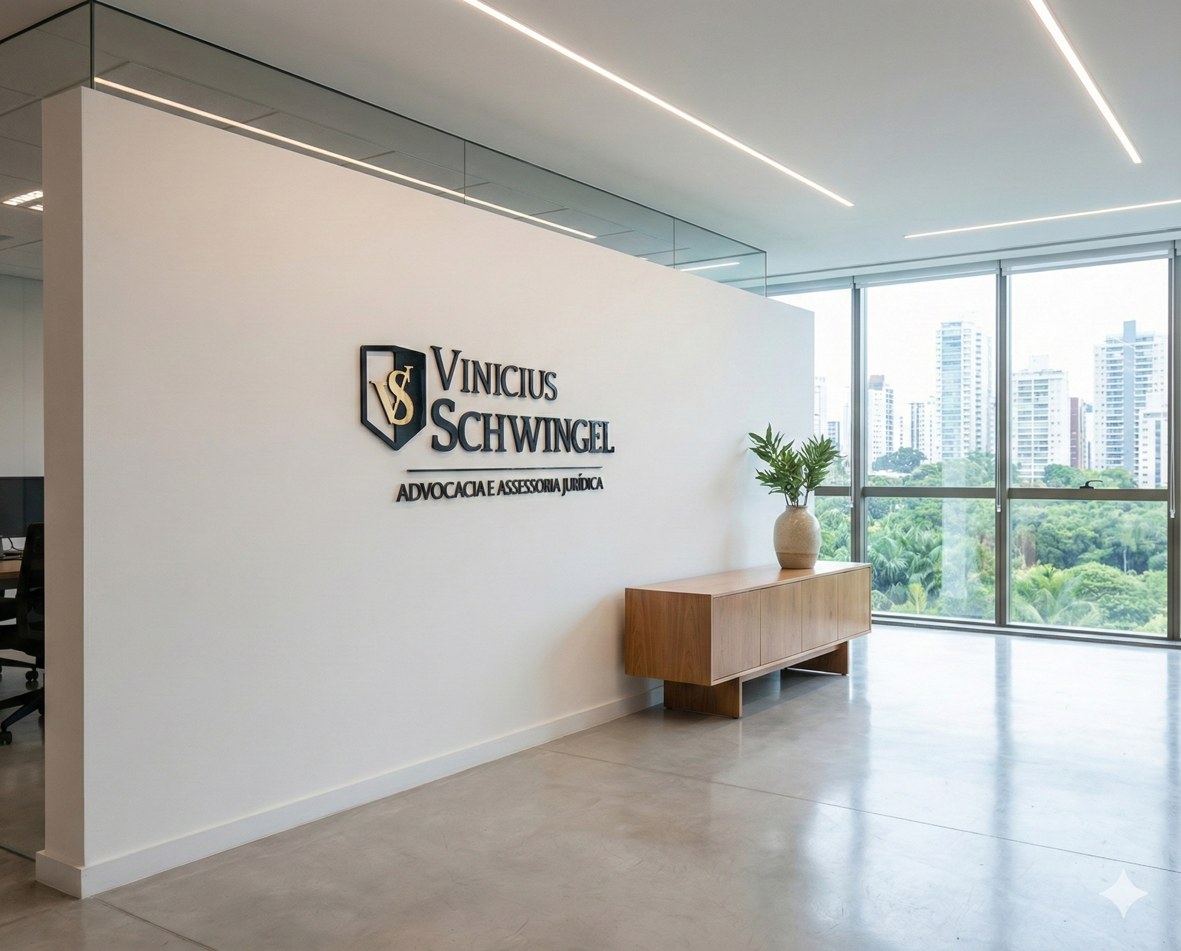 Logotipo aplicado na parede de escritório jurídico.