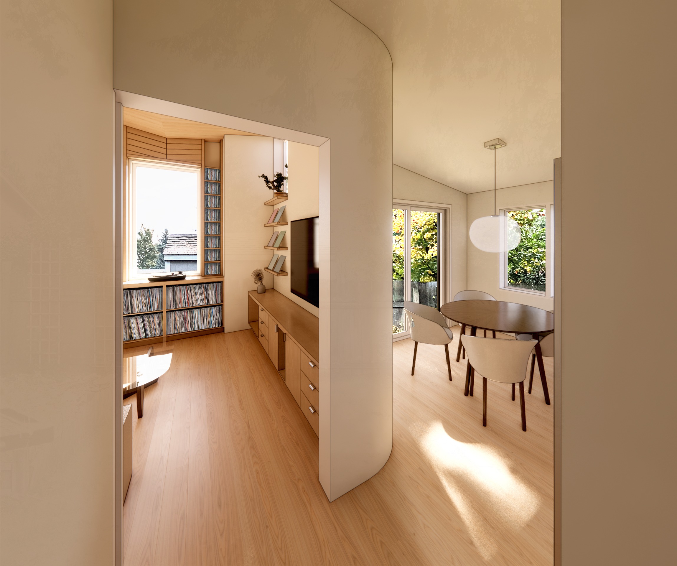 Modern open-concept living room and dining area with curved walls and light wood flooring.