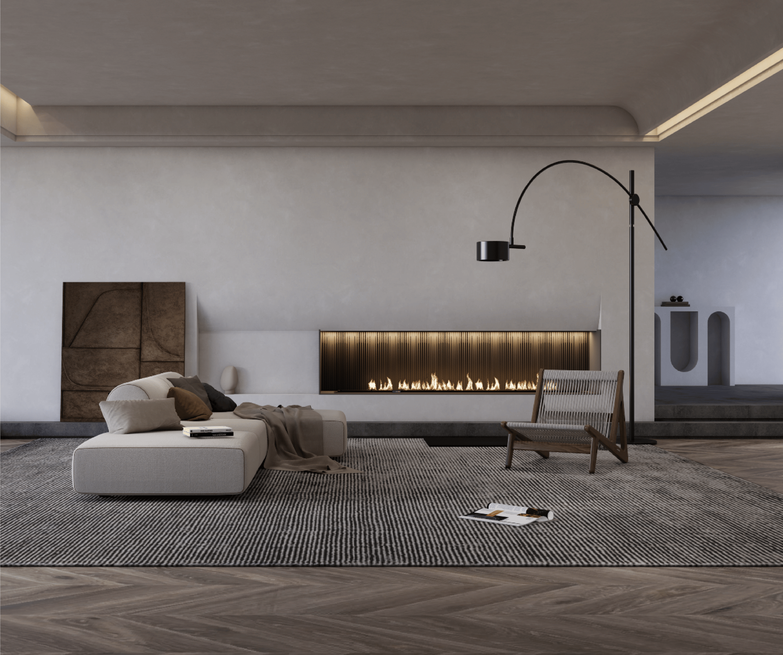Minimalistic living room with a fireplace and a couch