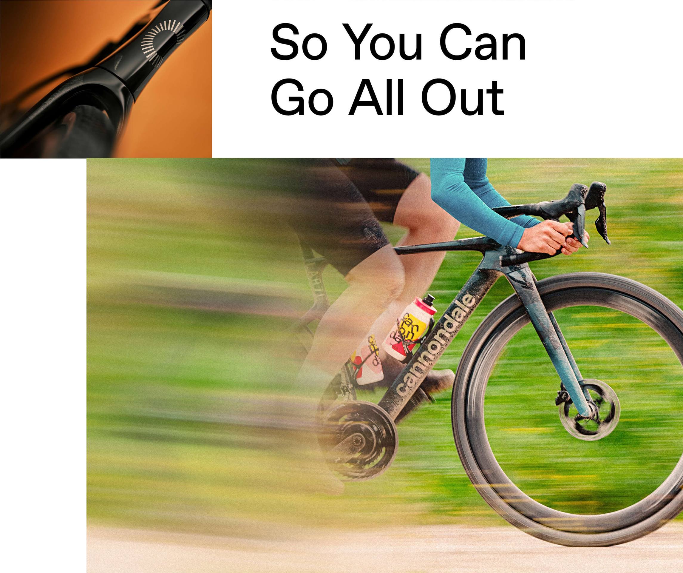 A cyclist riding a Cannondale road bike at high speed on a paved path with motion blur.