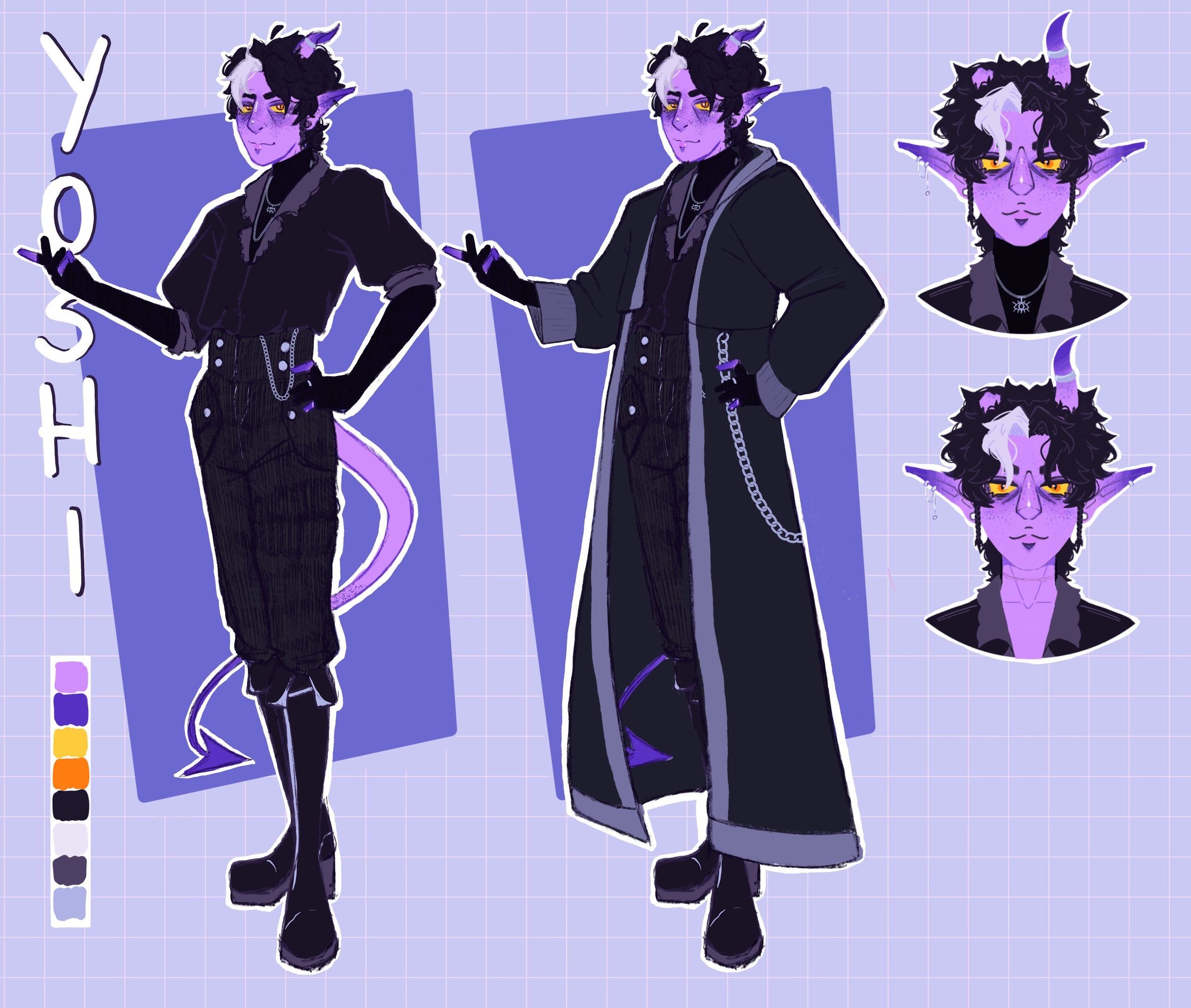 cover image for character design, purple background, purple and black themed character