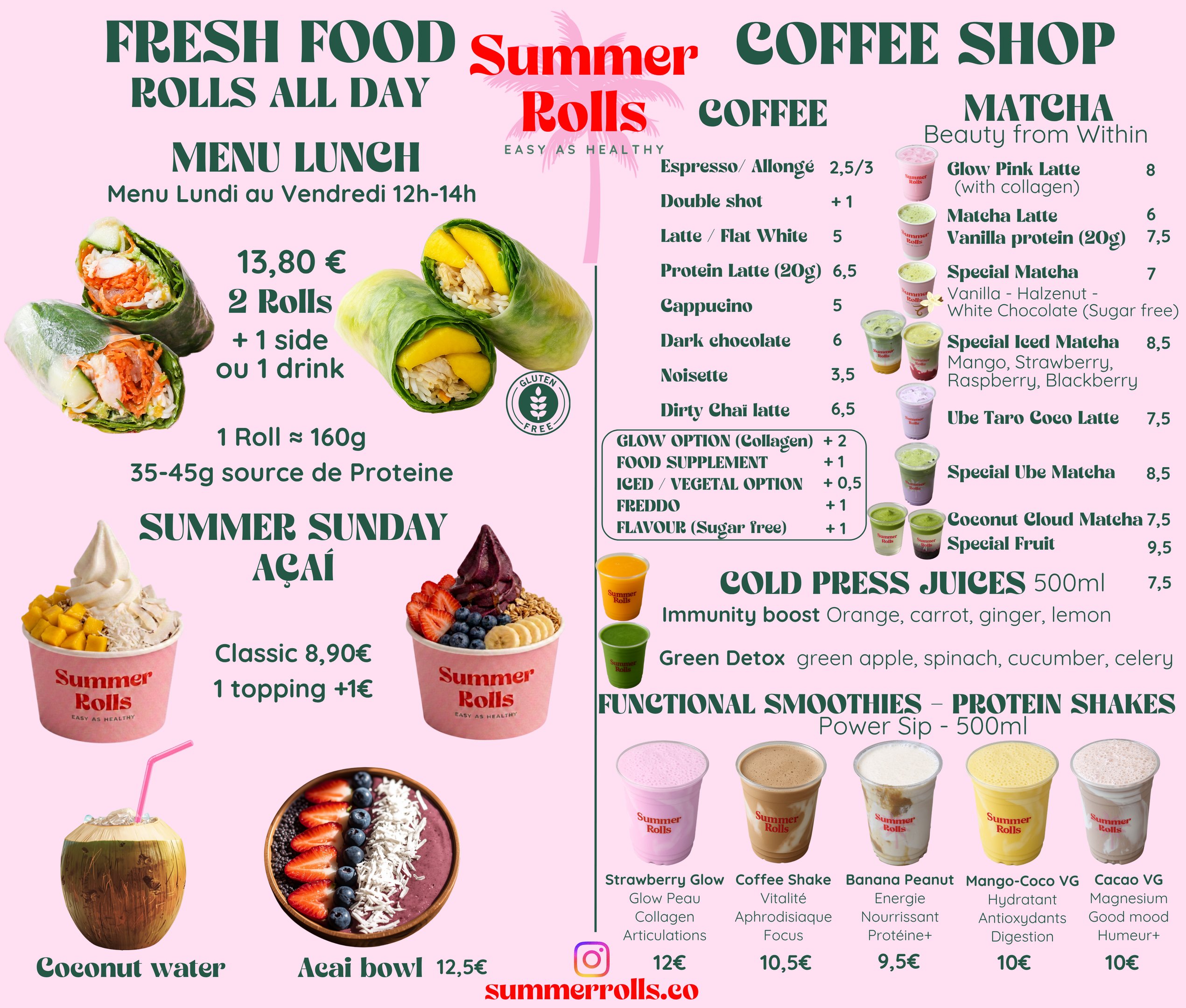 MENU SUMMER ROLLS PARIS HEALTHY FOOD DRINKS SUNDAY ACAI MATCHA ROLLS MANGUE JUS SMOOTHIES