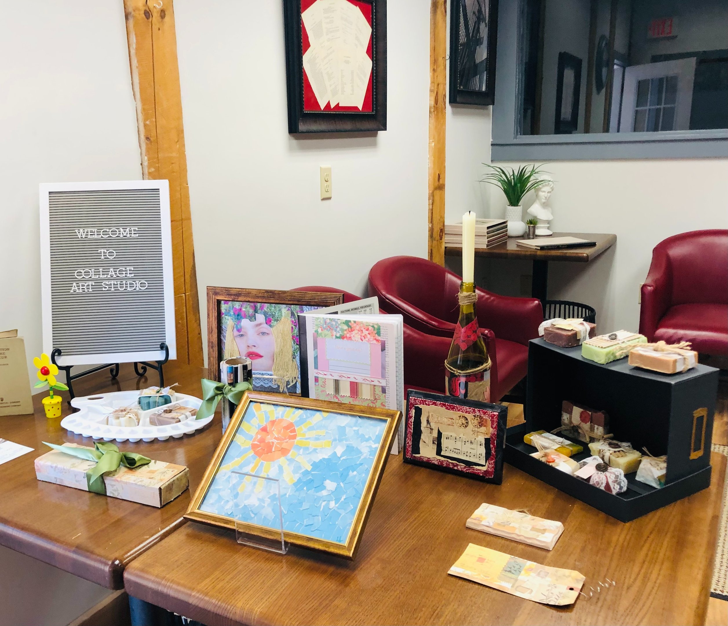 A variety of collage examples that can be made at Collage Art Studio.