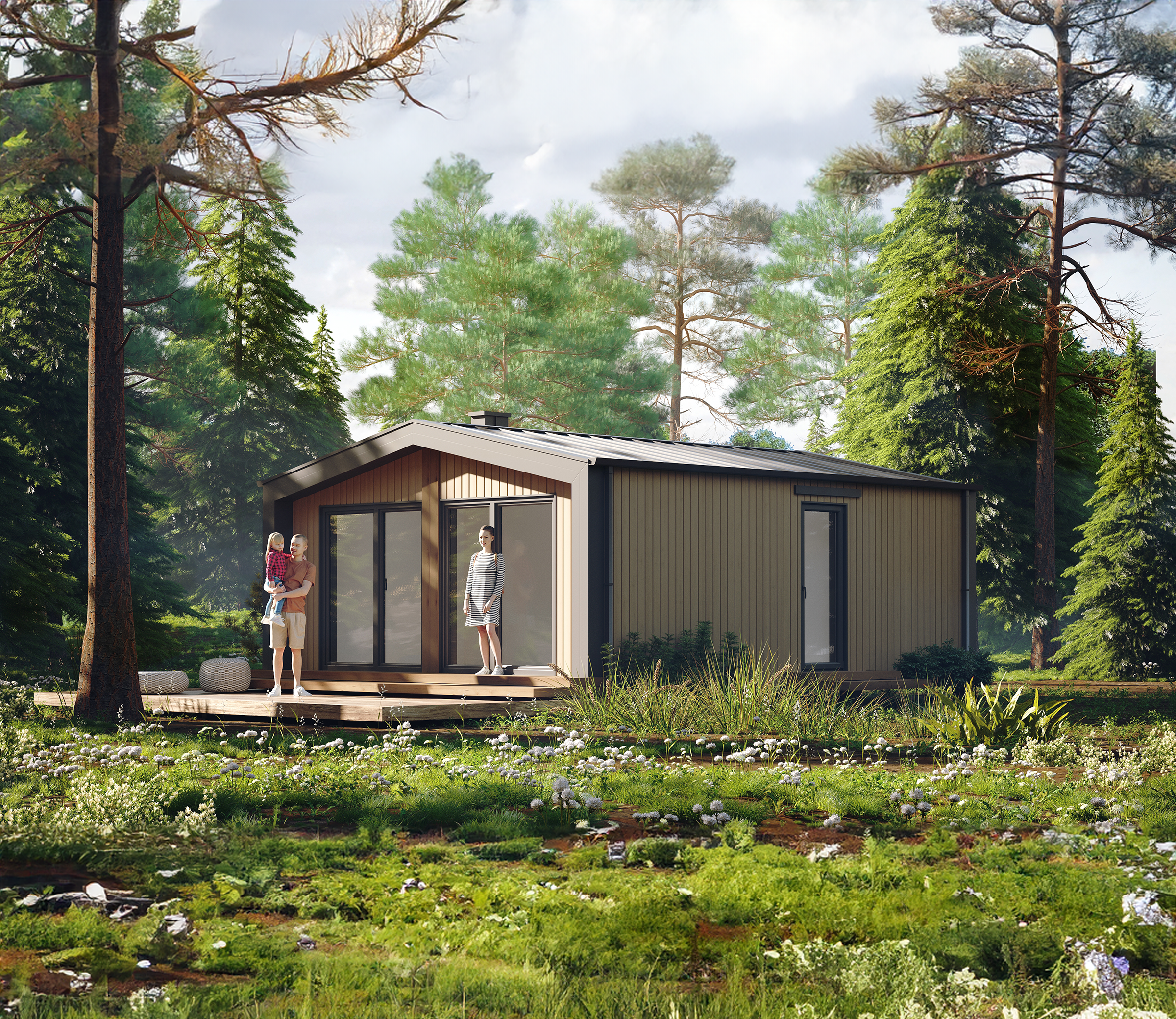 Energooszczędny dom modułowy parterowy o powierzchni poniżej 50 m² wykończony deską elewacyjną