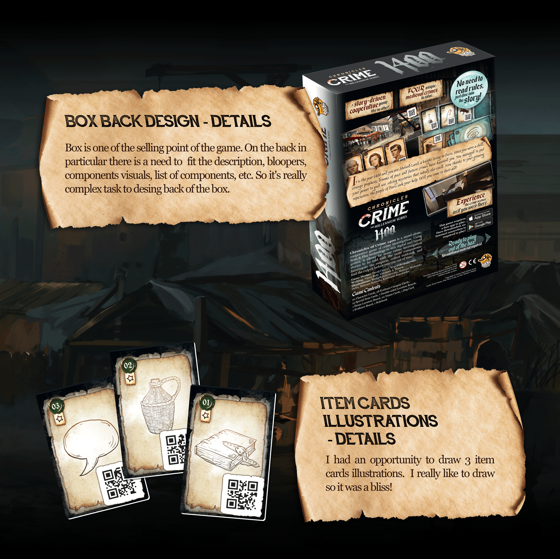 Details of back of the box design. I illustrated some cards.