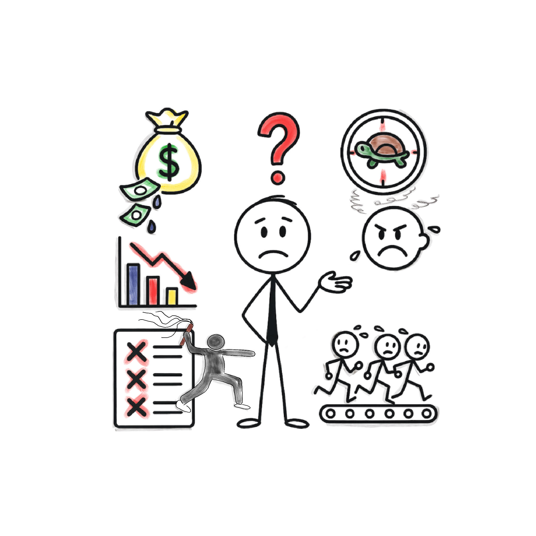 A stick figure businessman faces financial loss, slow progress, and workplace stress icons.