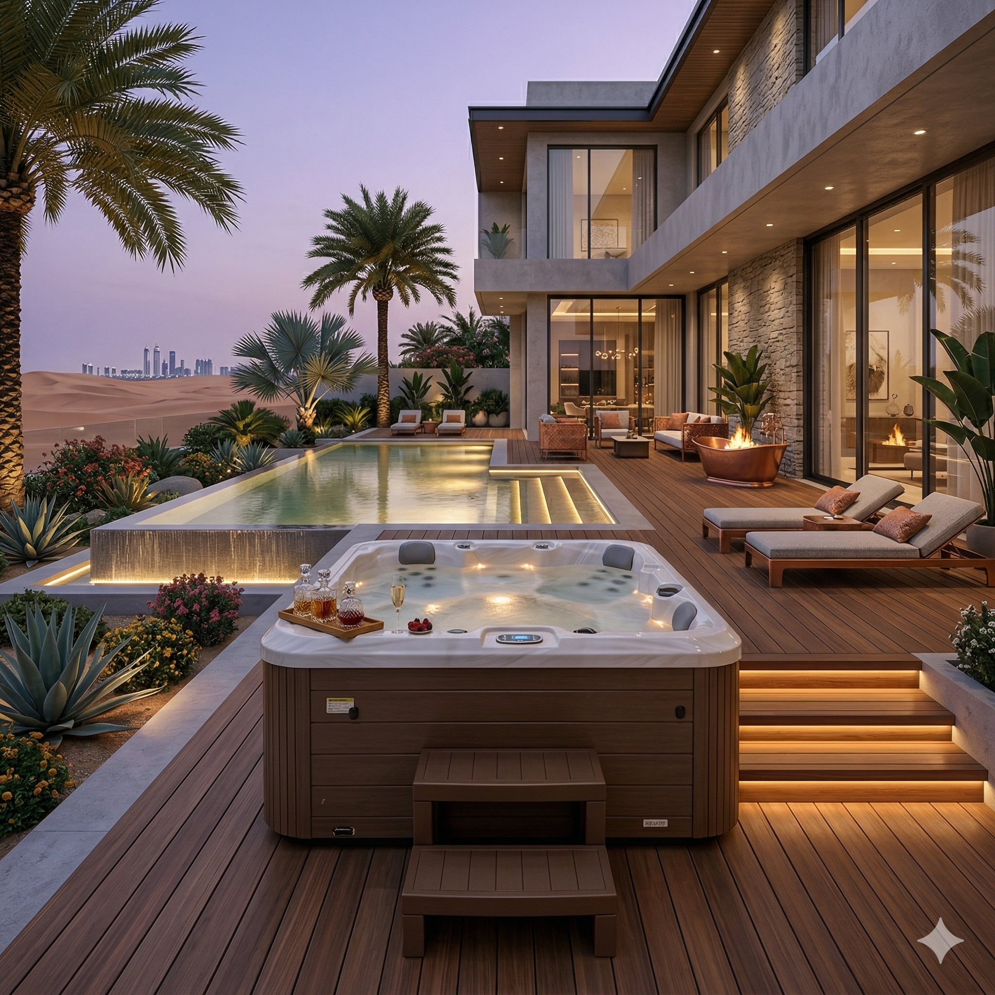 Luxury outdoor hot tub on a modern wood deck overlooking a swimming pool and desert skyline at dusk.