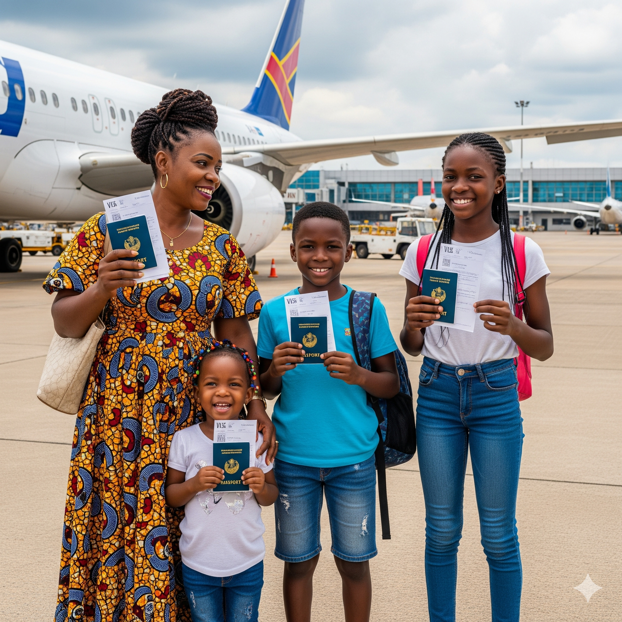 a woman and two children are standing in front of a plane