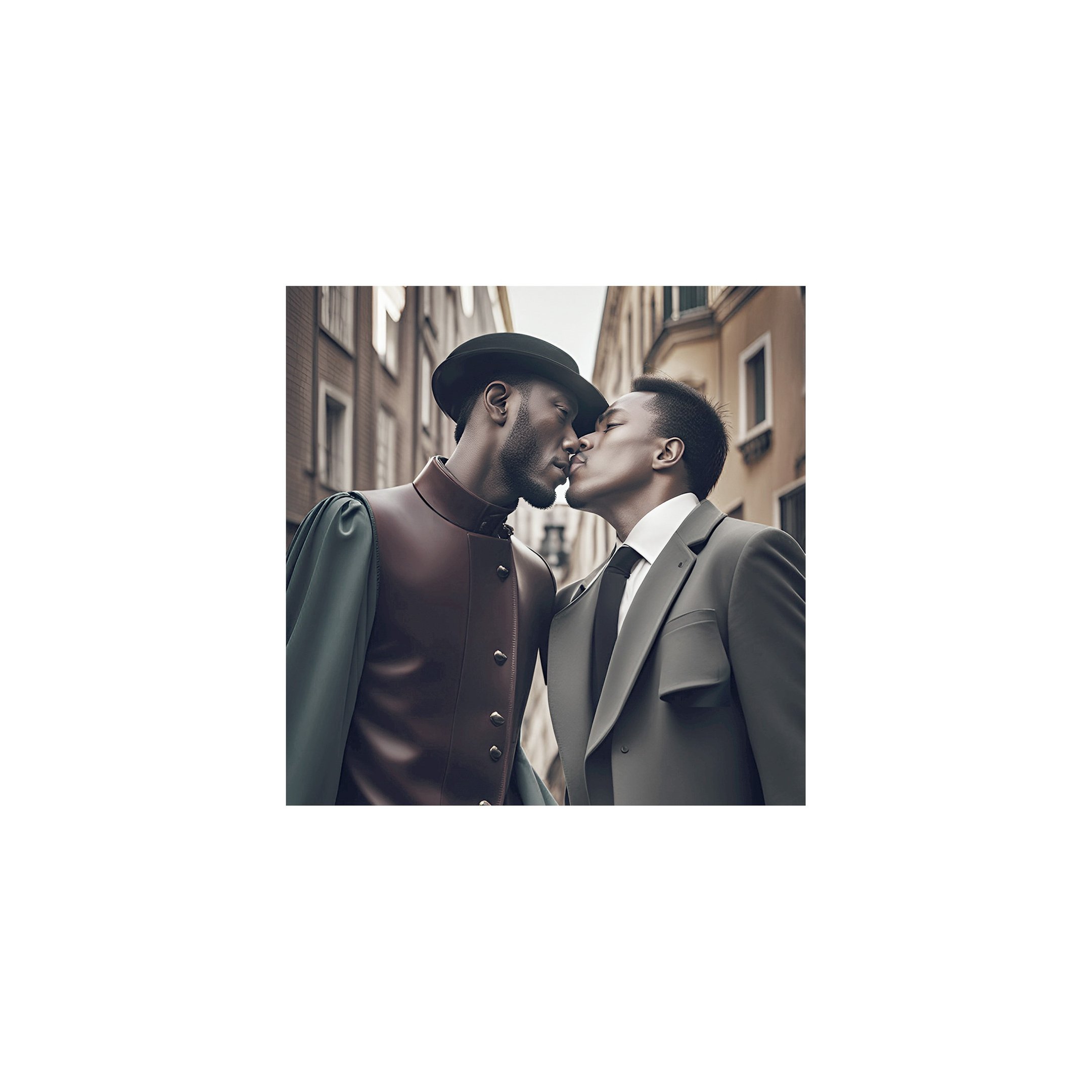 two men in suits and ties kissing in a city