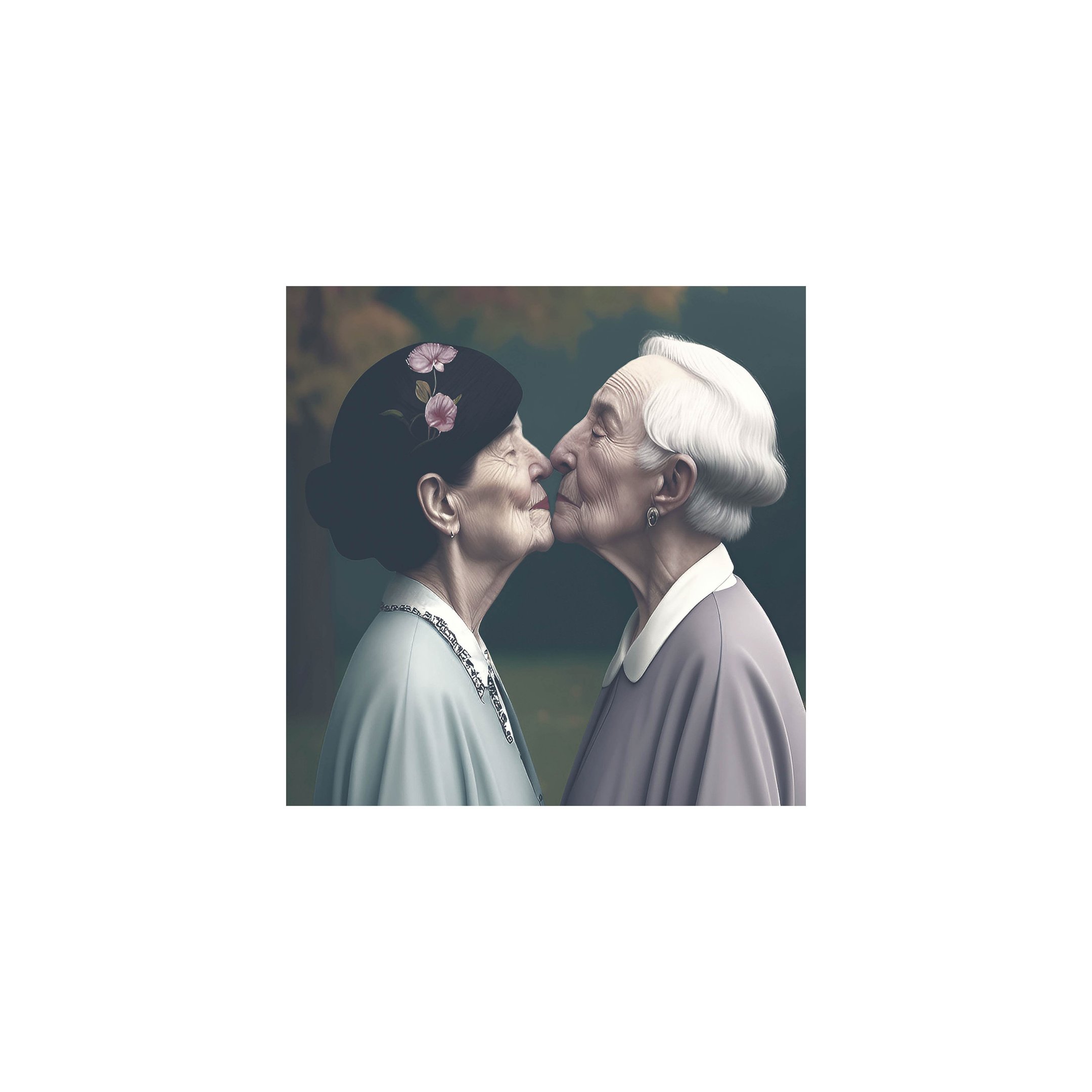 a woman and woman kissing in front of a dark background