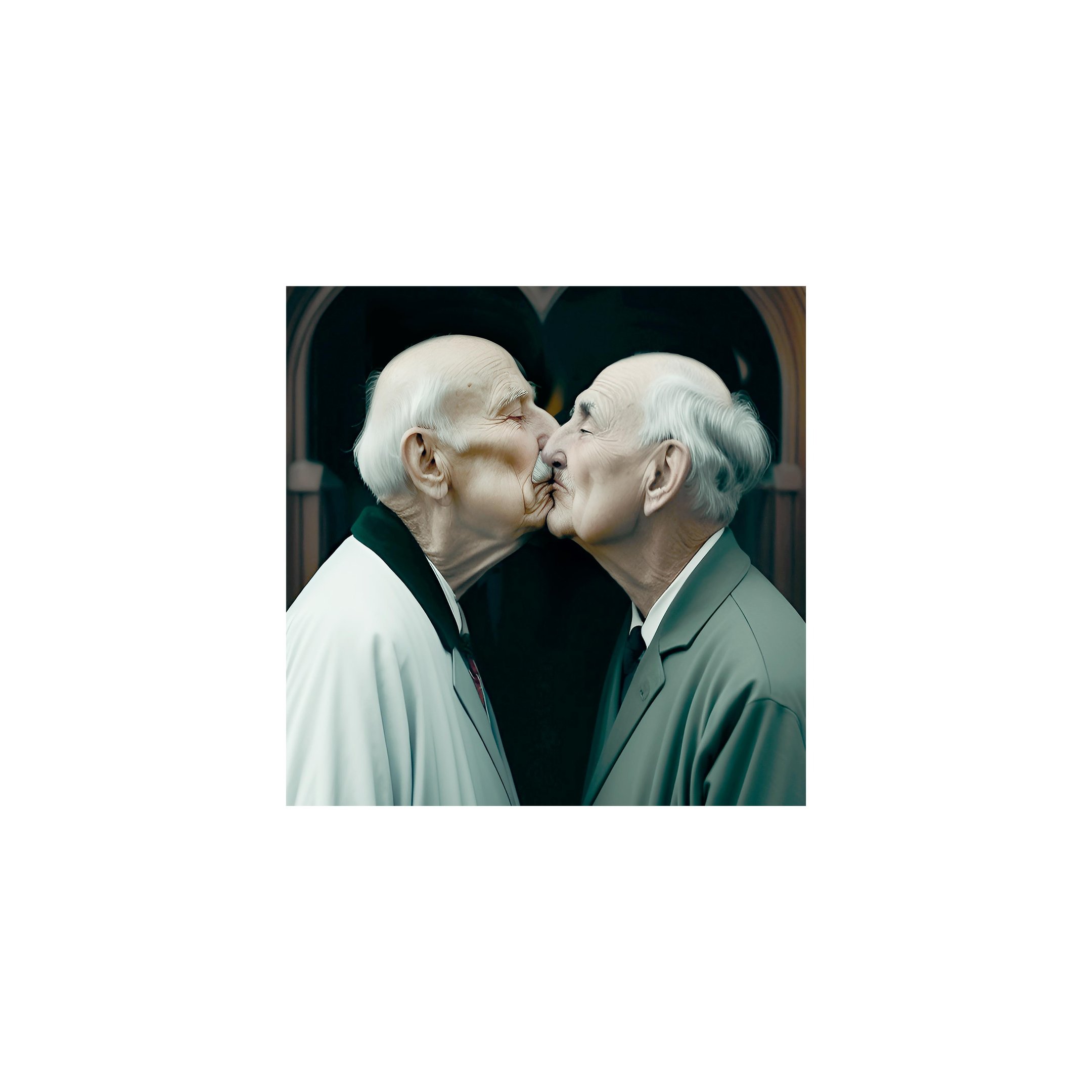 two men kissing in front of a black and white photo