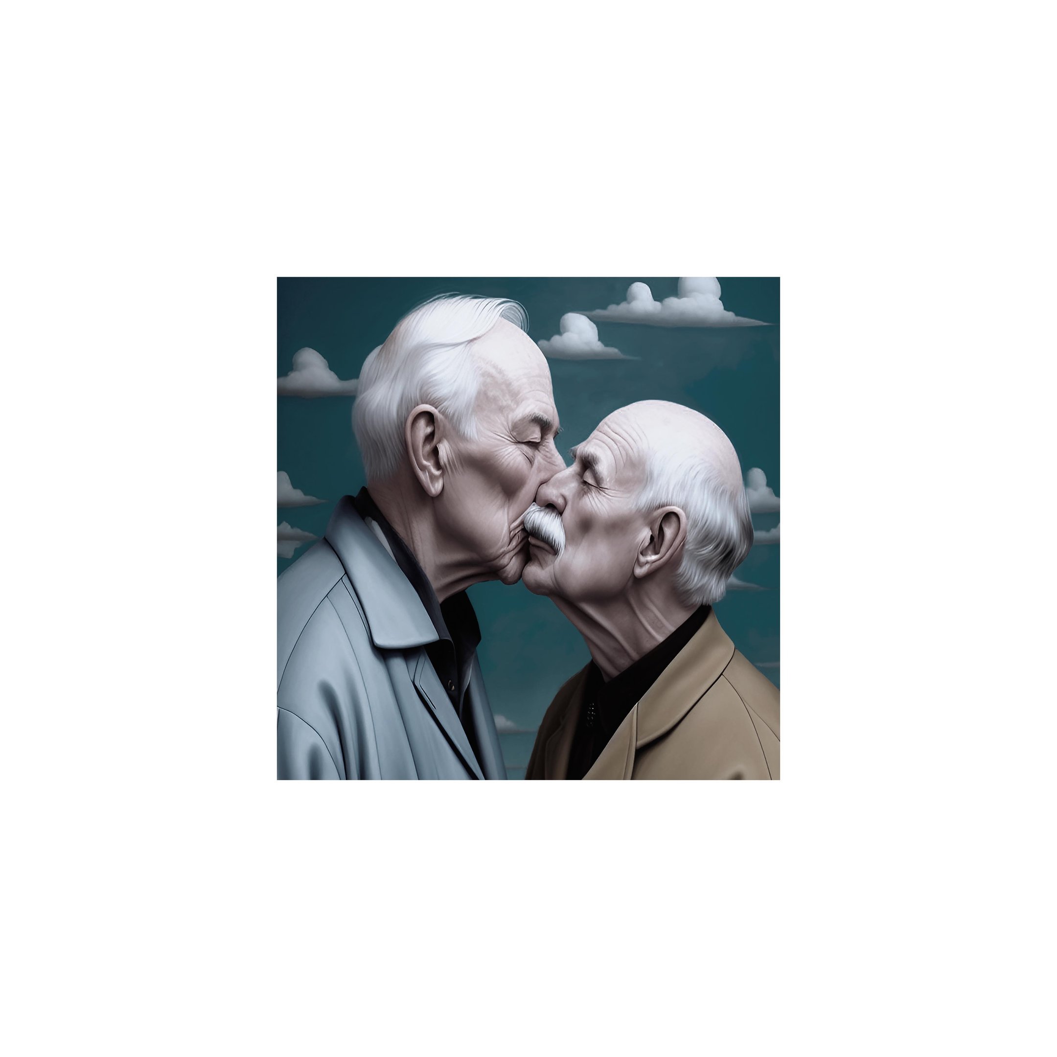 a man and man kissing in front of a blue sky