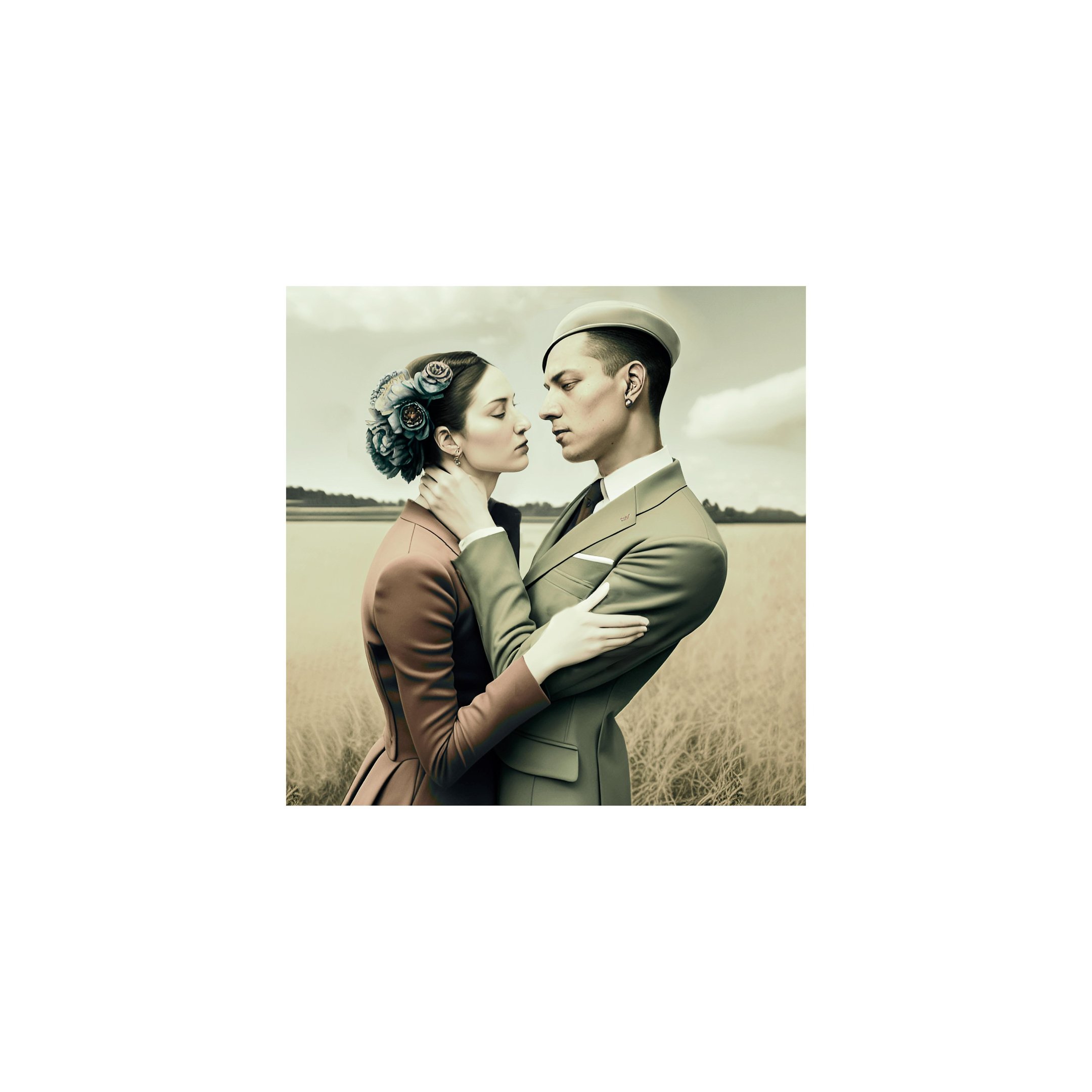 a man and woman in a field of tall grass