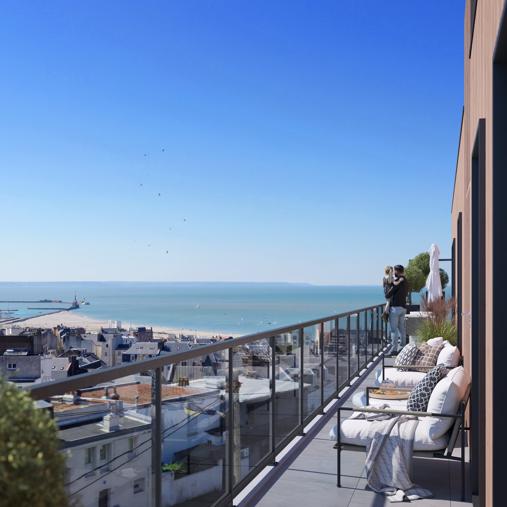 Terrasse privative avec vue panoramique sur la mer dans la résidence Les Terrasses du Fort au Havre 