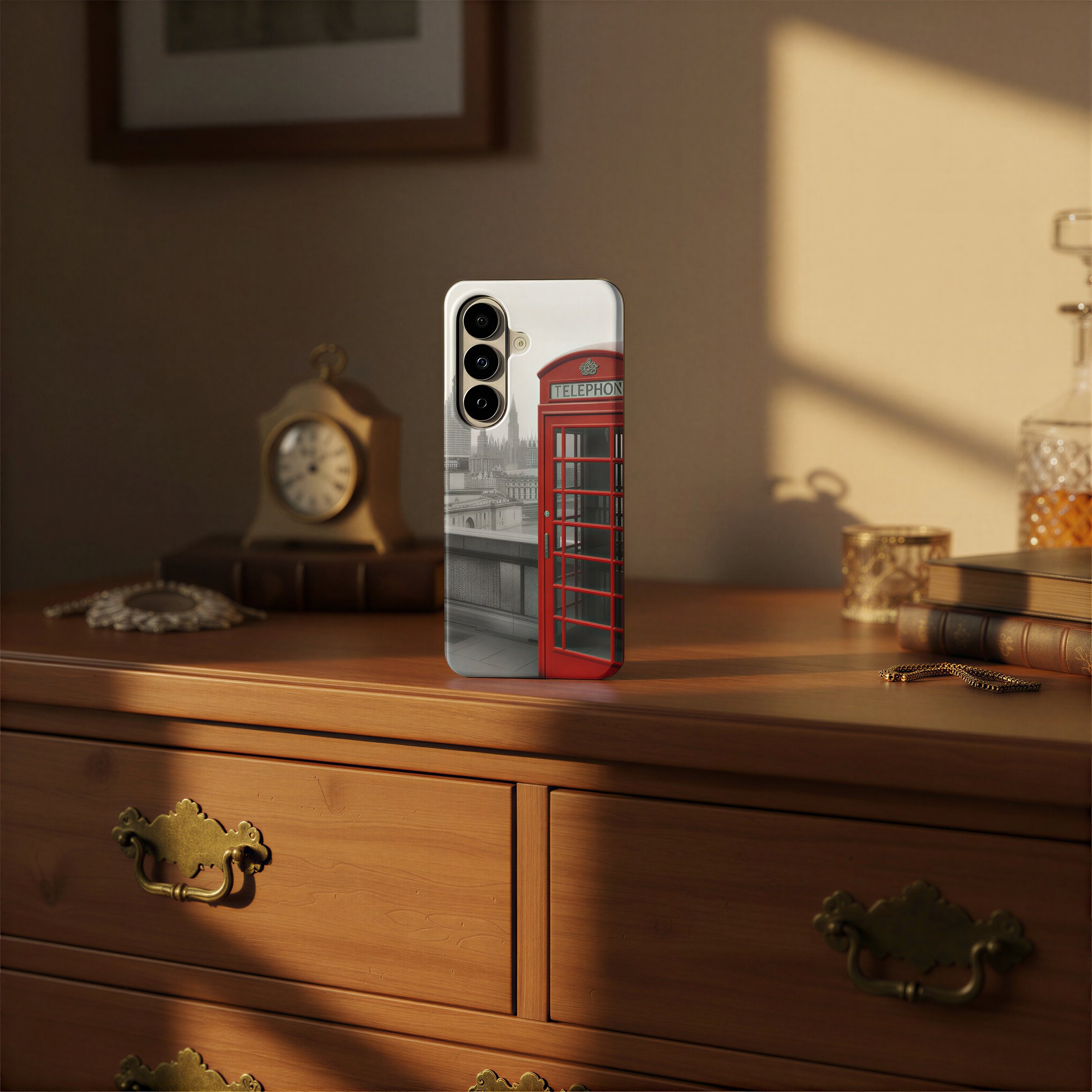 Phone case with classic red London phone booth.