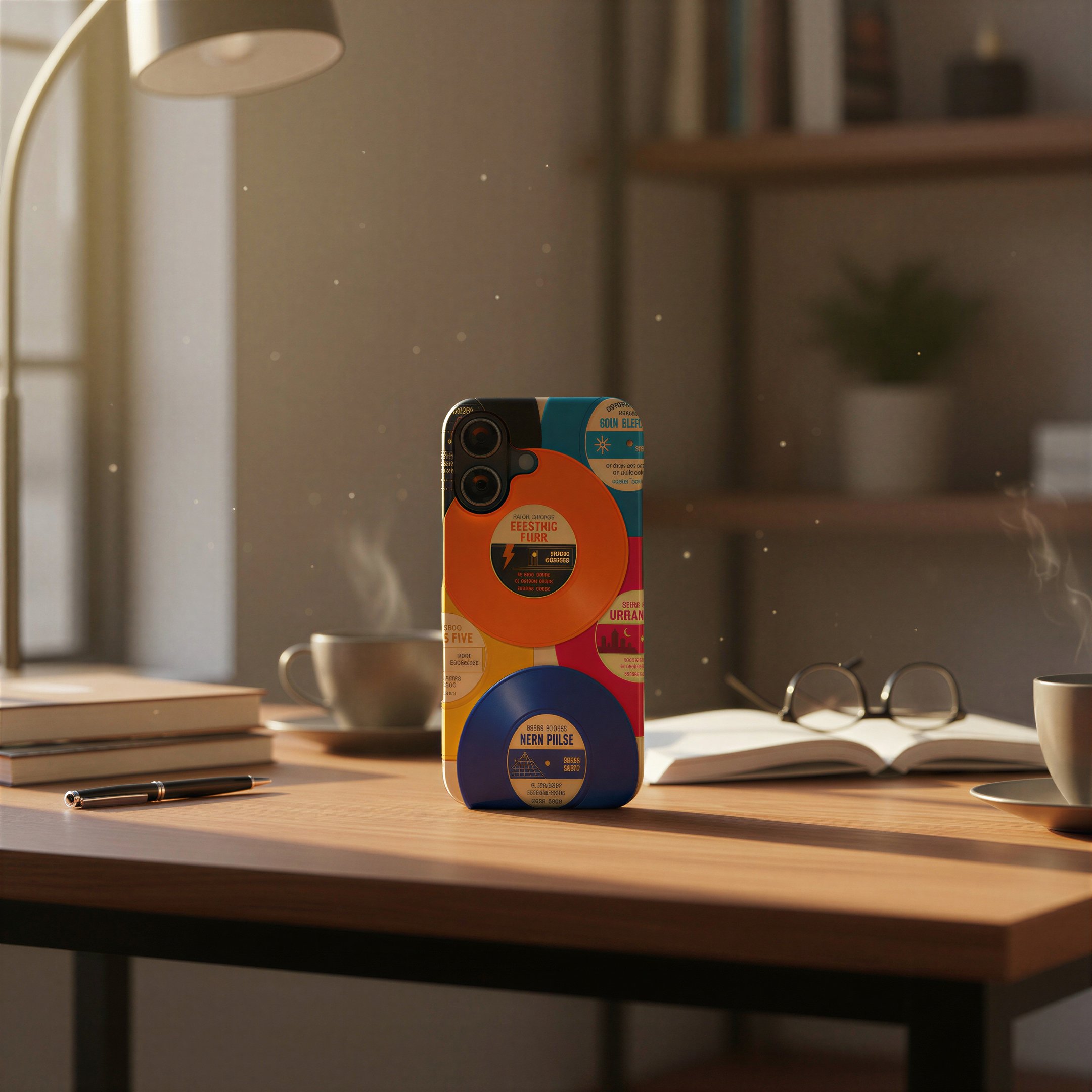 Phone case with retro label design on wooden desk with coffee mug.