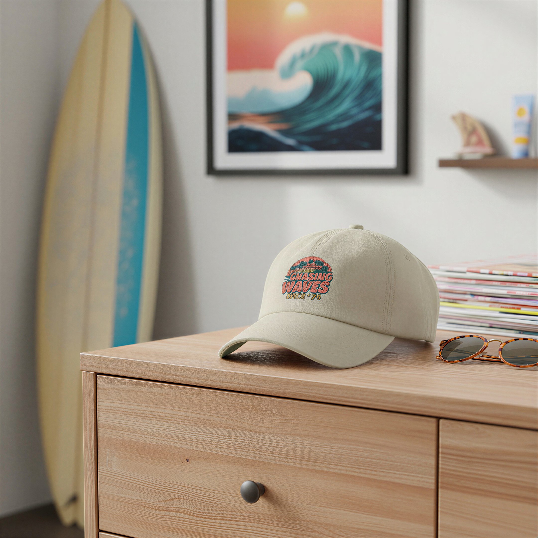 Beige cap with a retro beach embroidery on books.