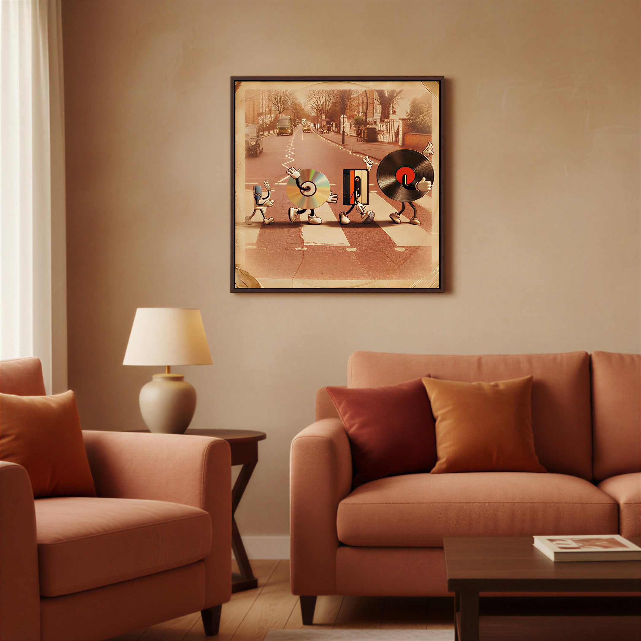 Framed vintage print with retro cartoon music characters.