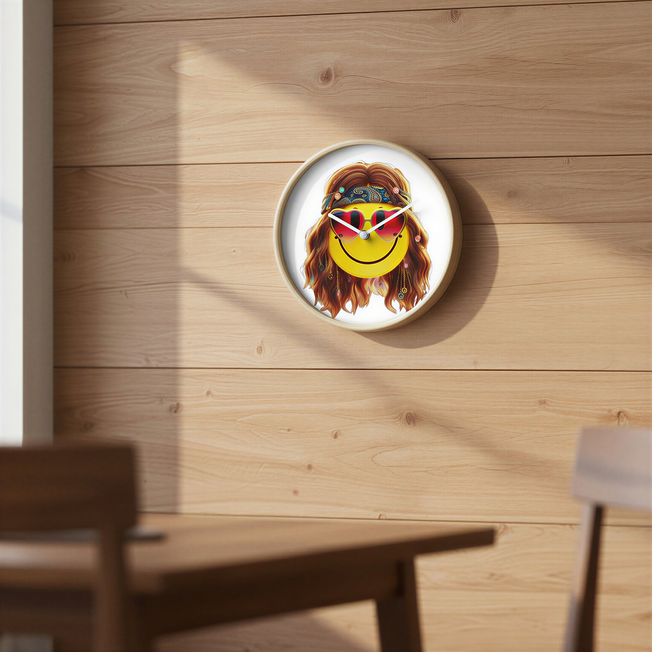 Round wall clock with retro hippie smiley face design.