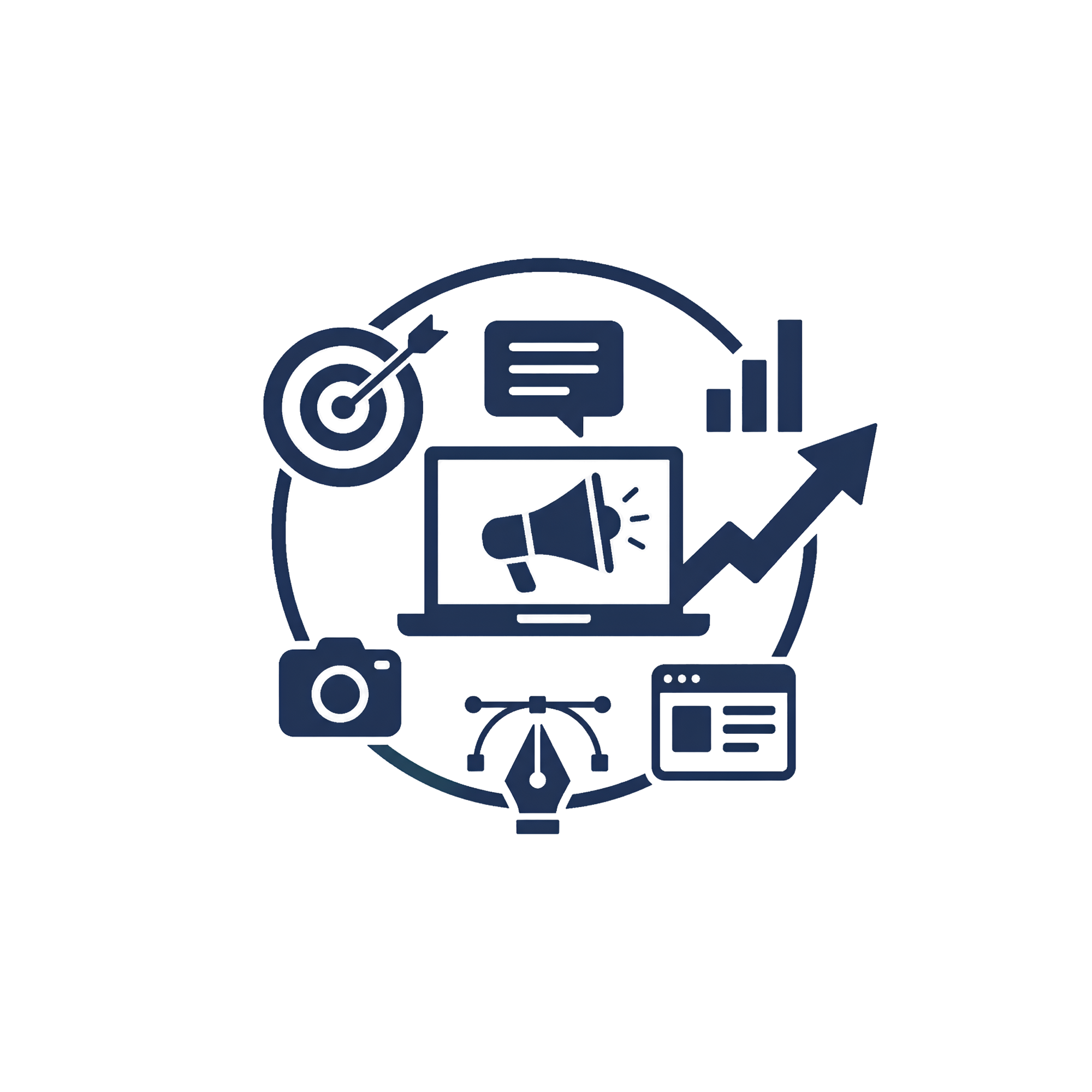 Blue digital marketing icon set featuring a laptop, megaphone, target, and growth chart.