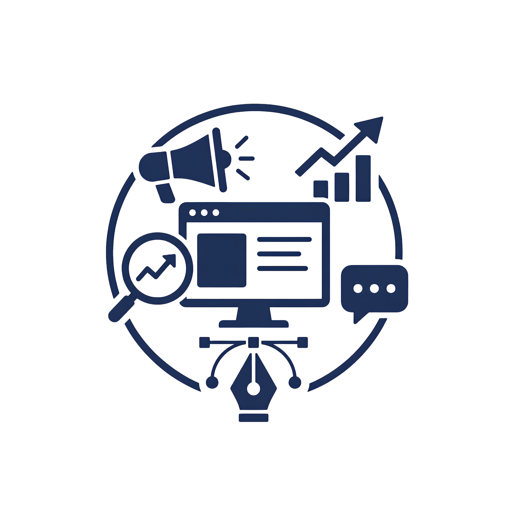 Digital marketing and SEO services icon featuring a computer, megaphone, and growth charts.