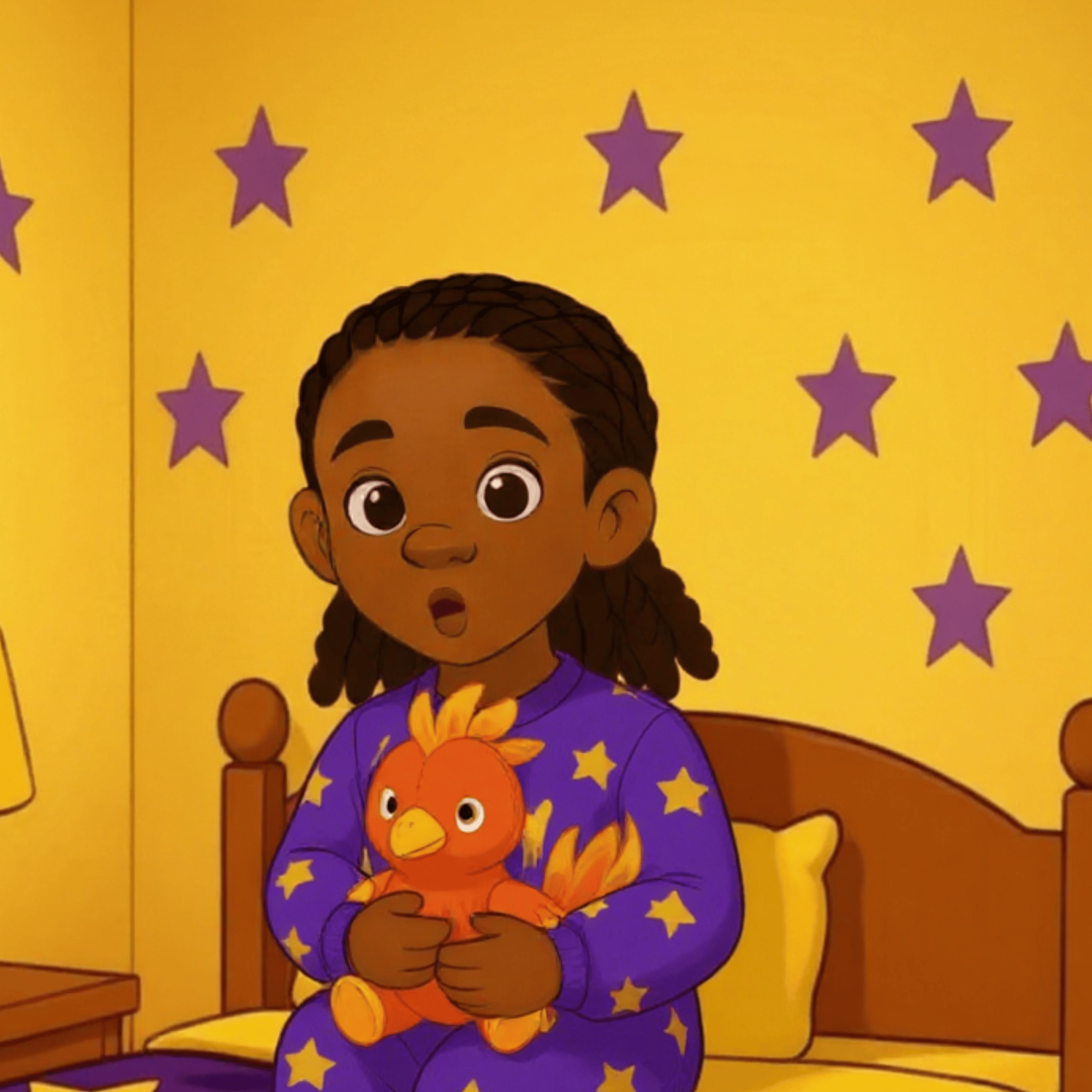 Young black girl holding her plushie phoenix while sitting on her bed