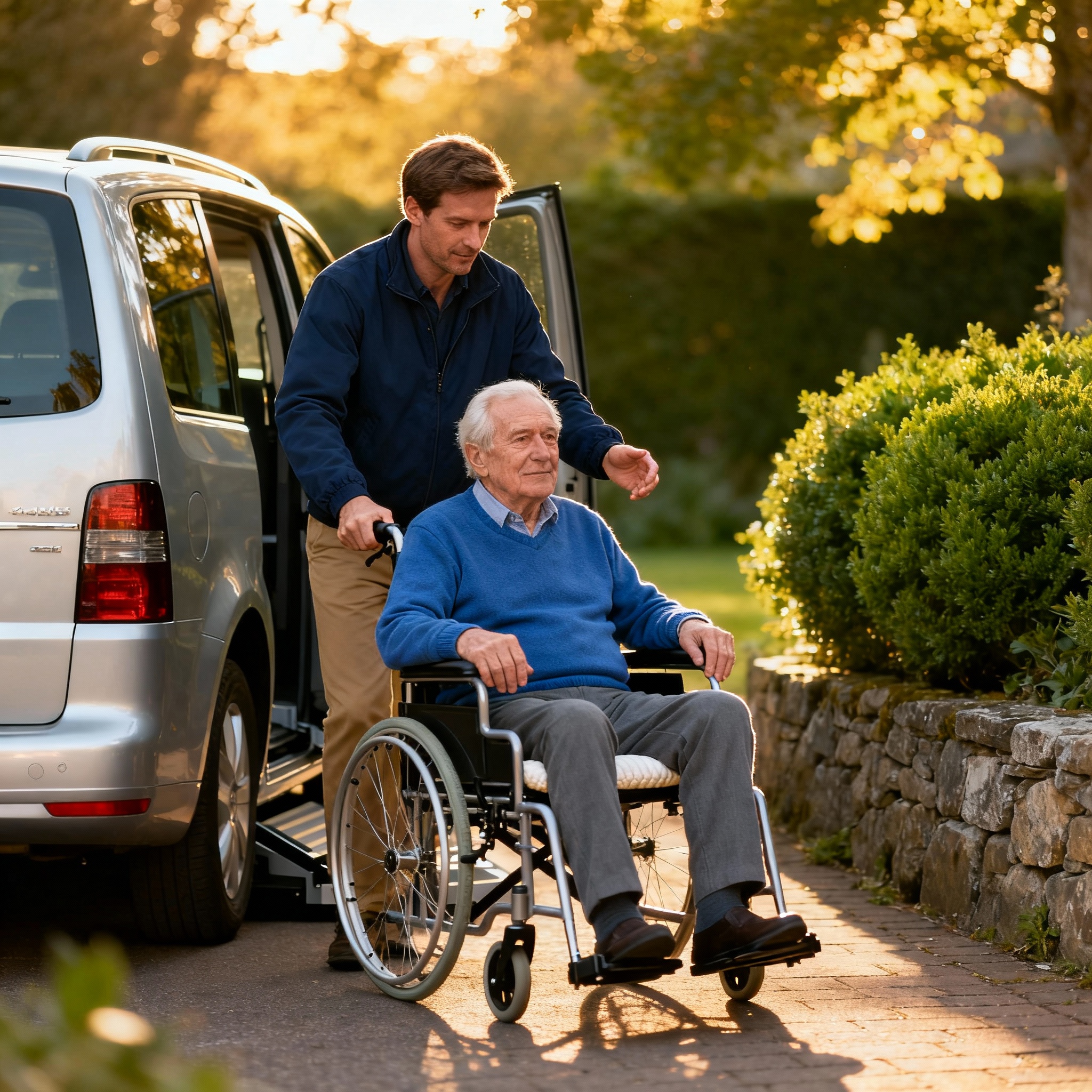 Ben Fahrdienst: Engagierter Fahrer begleitet Kunden im Rollstuhl bis zur Haustür in Berlin.