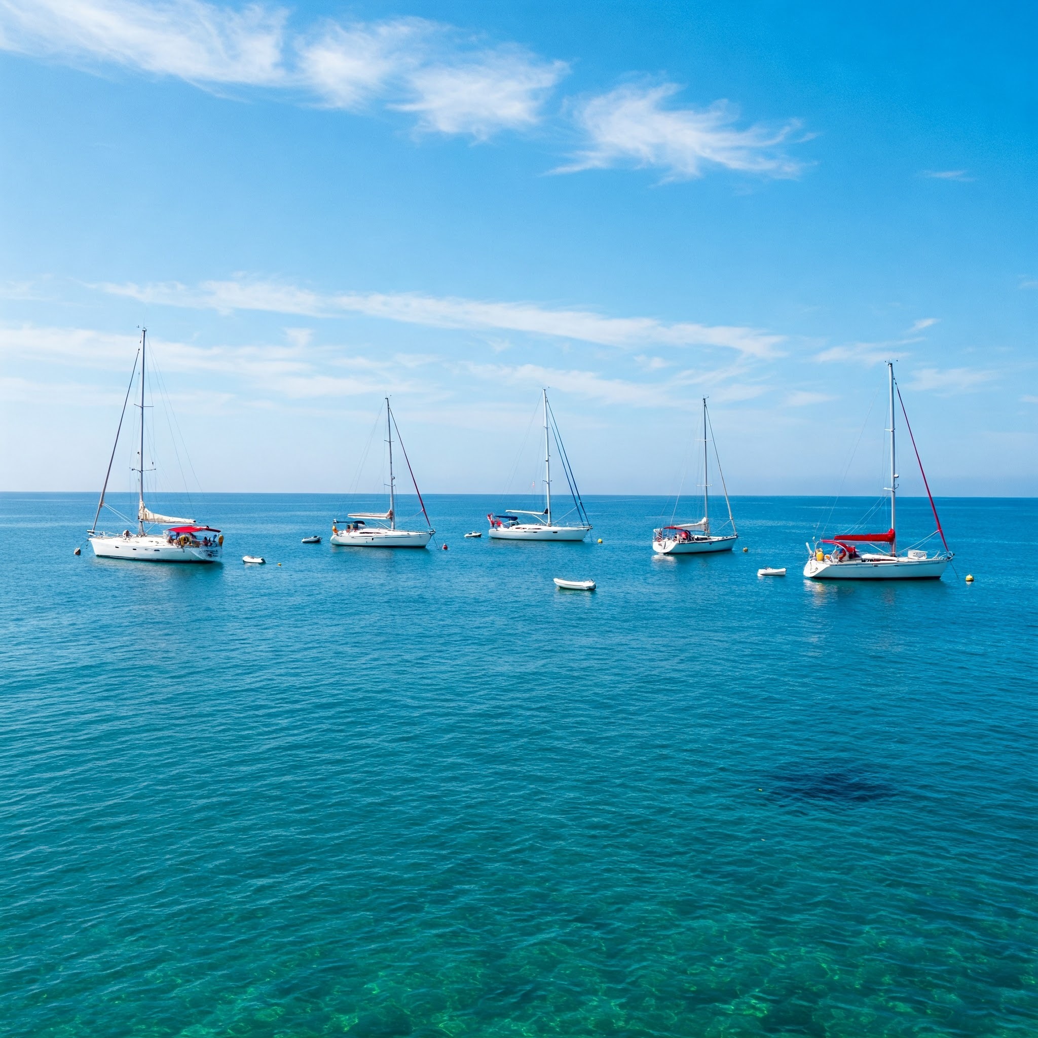 Voiliers blancs au mouillage, mer translucide et ciel bleu