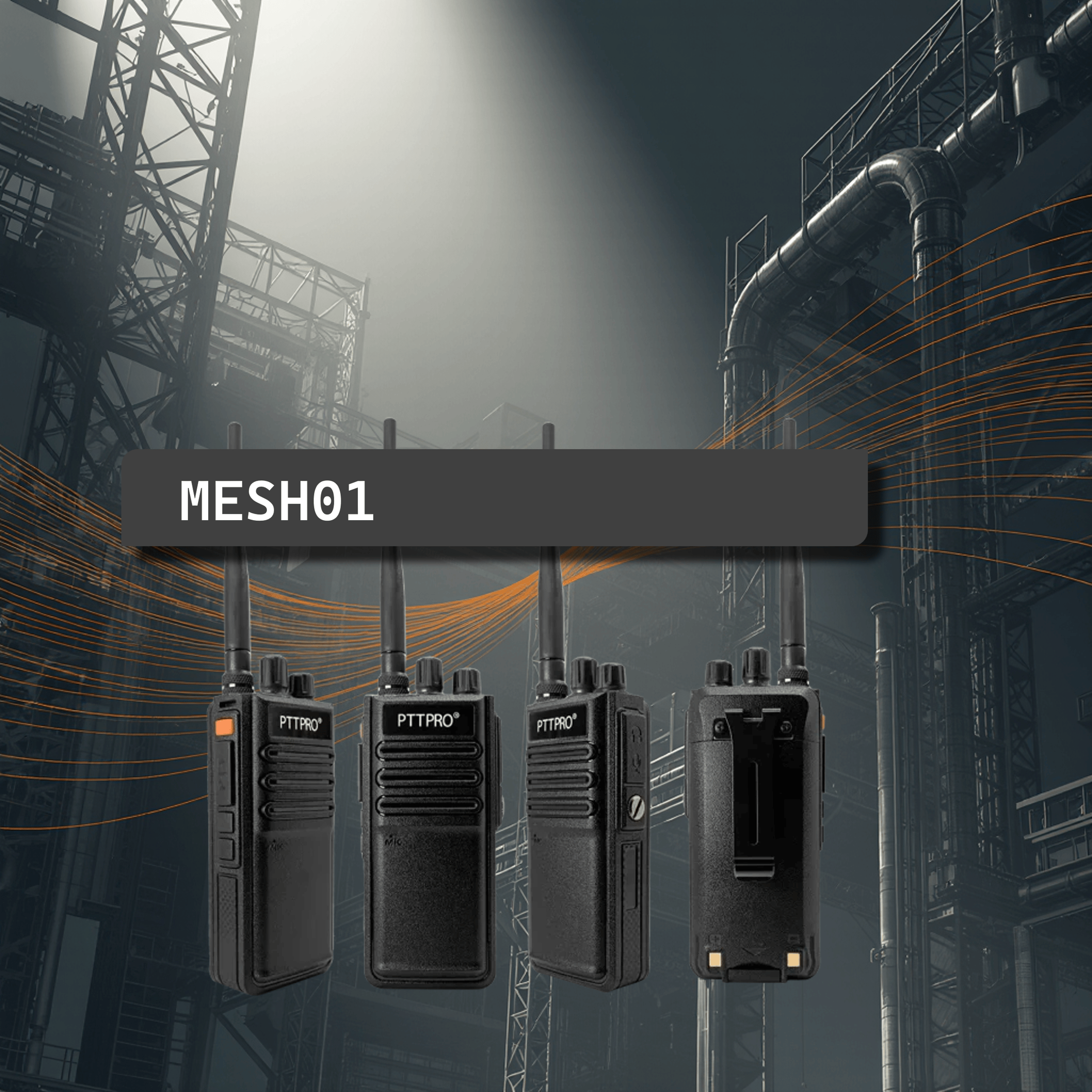 Banner con fondo industrial mostrando tres radios MESH de PTTPRO