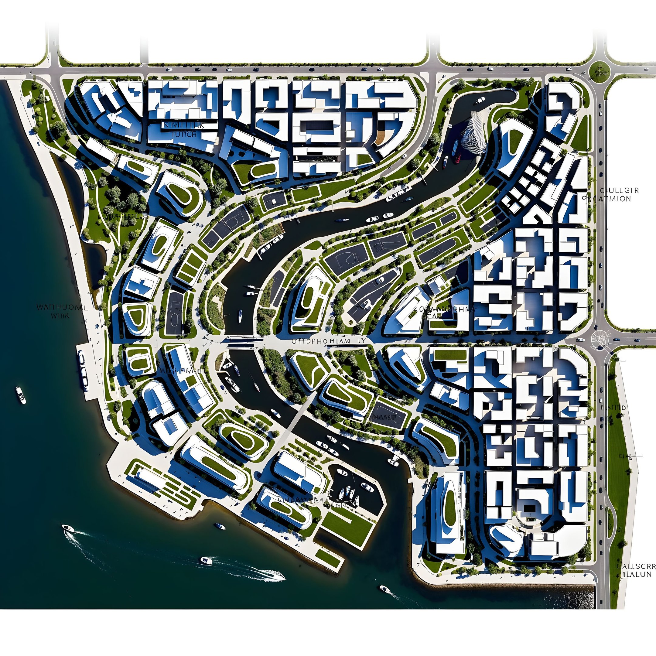Waterfront urban masterplan architecture organized by canals and walkable public spaces in Abu Dhabi