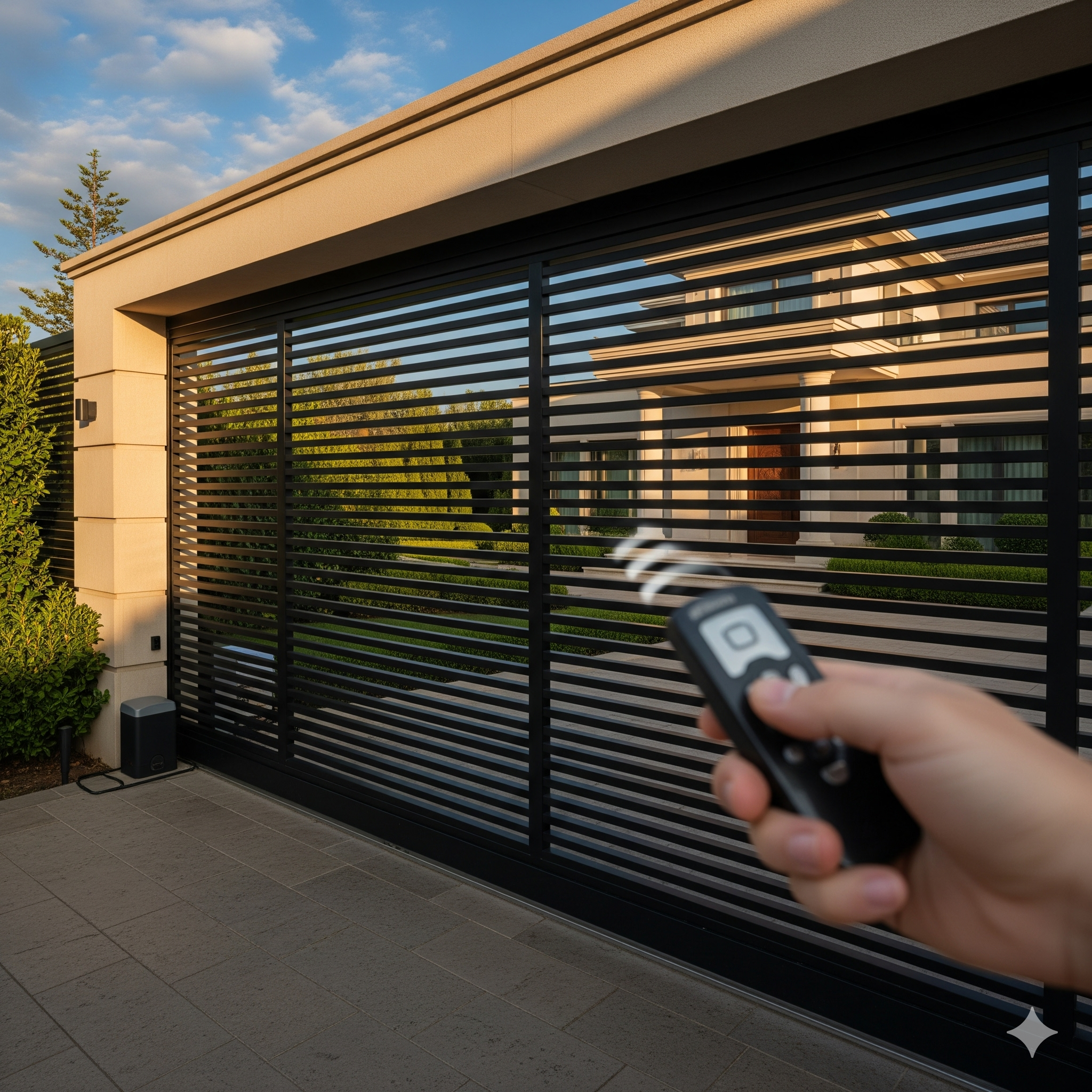 Hand using a remote control to open a modern black horizontal slat automatic sliding driveway gate.