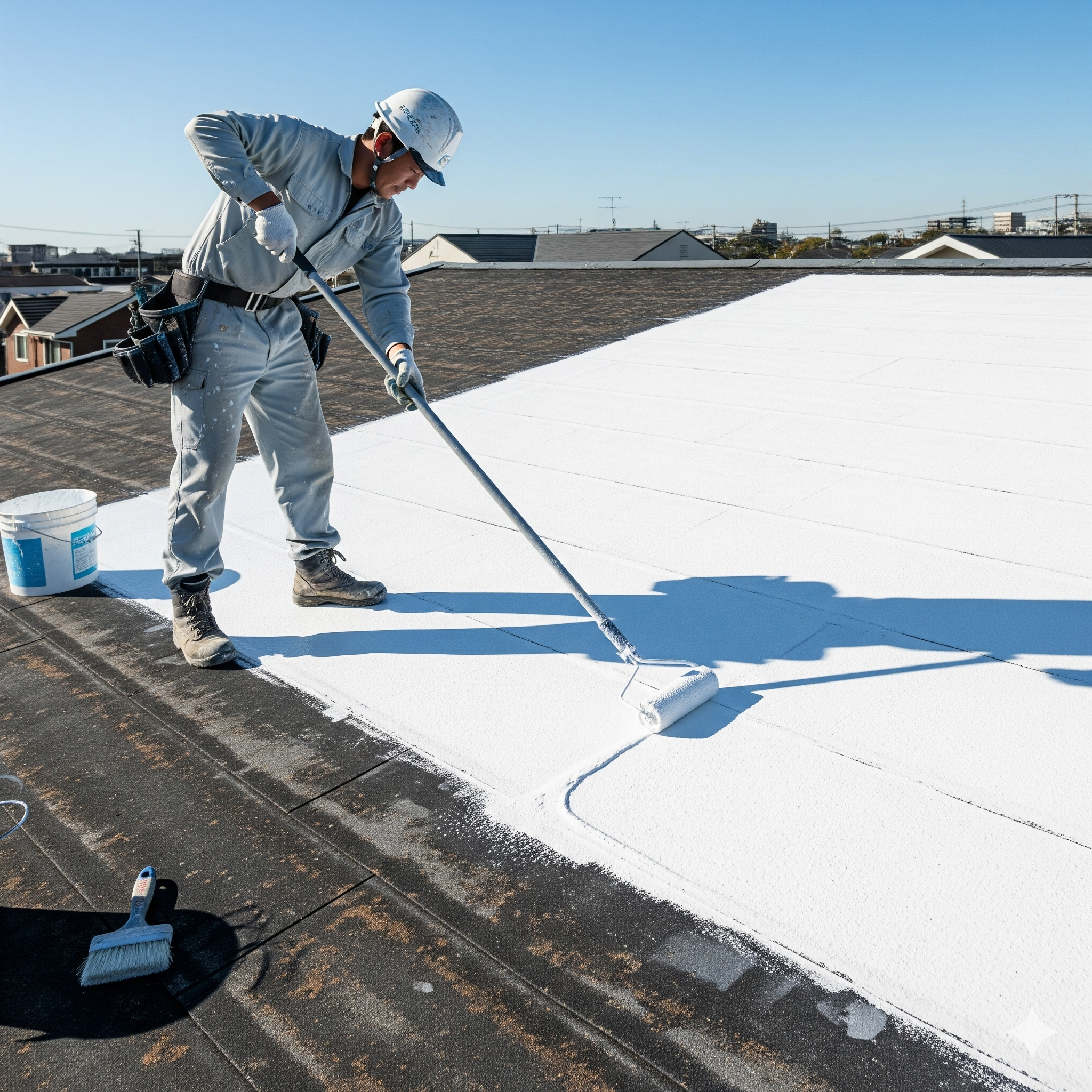 Professional roofer applying waterproof coating with a roller to a flat residential roof.