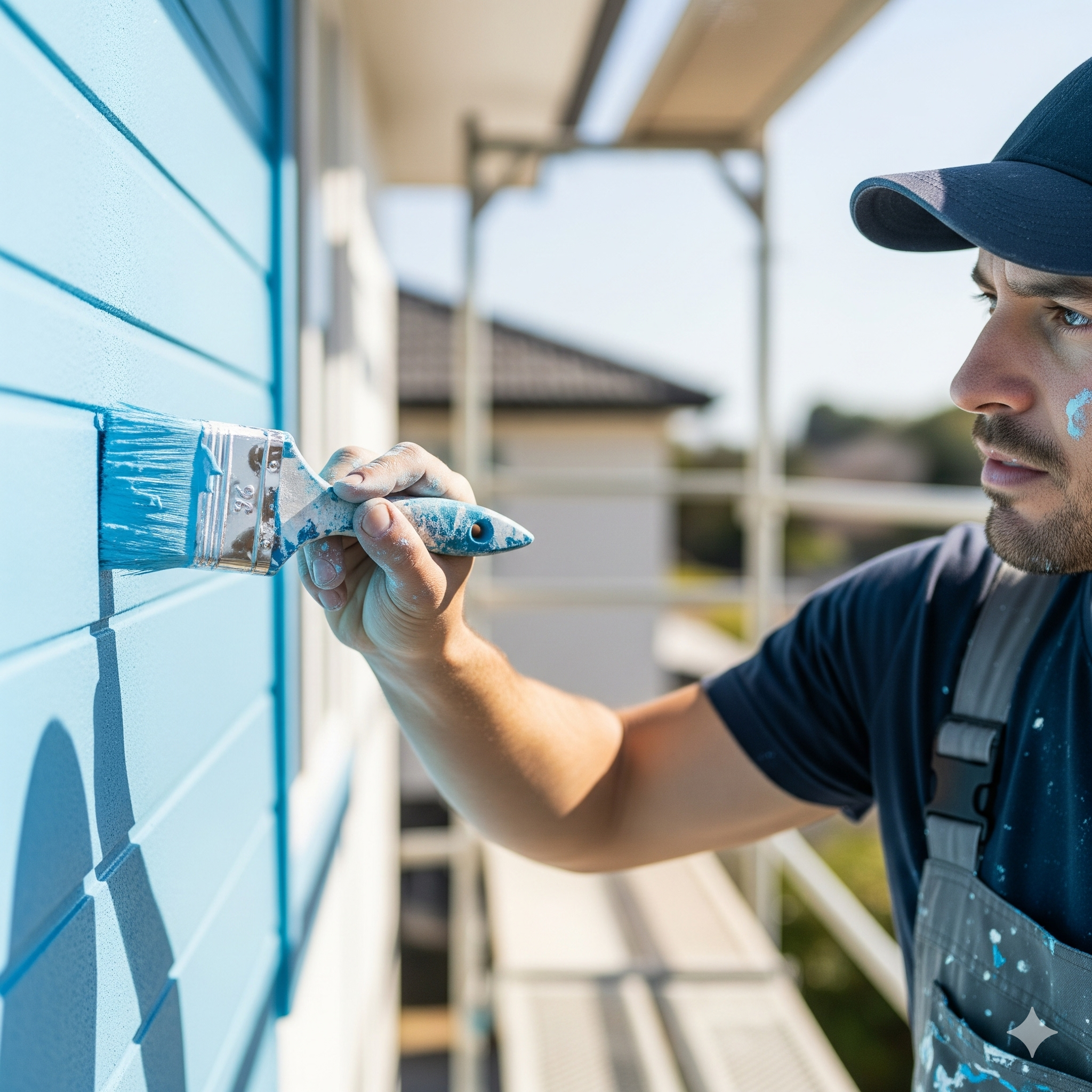 Professional house painter applying bright blue paint to exterior siding using a paintbrush.