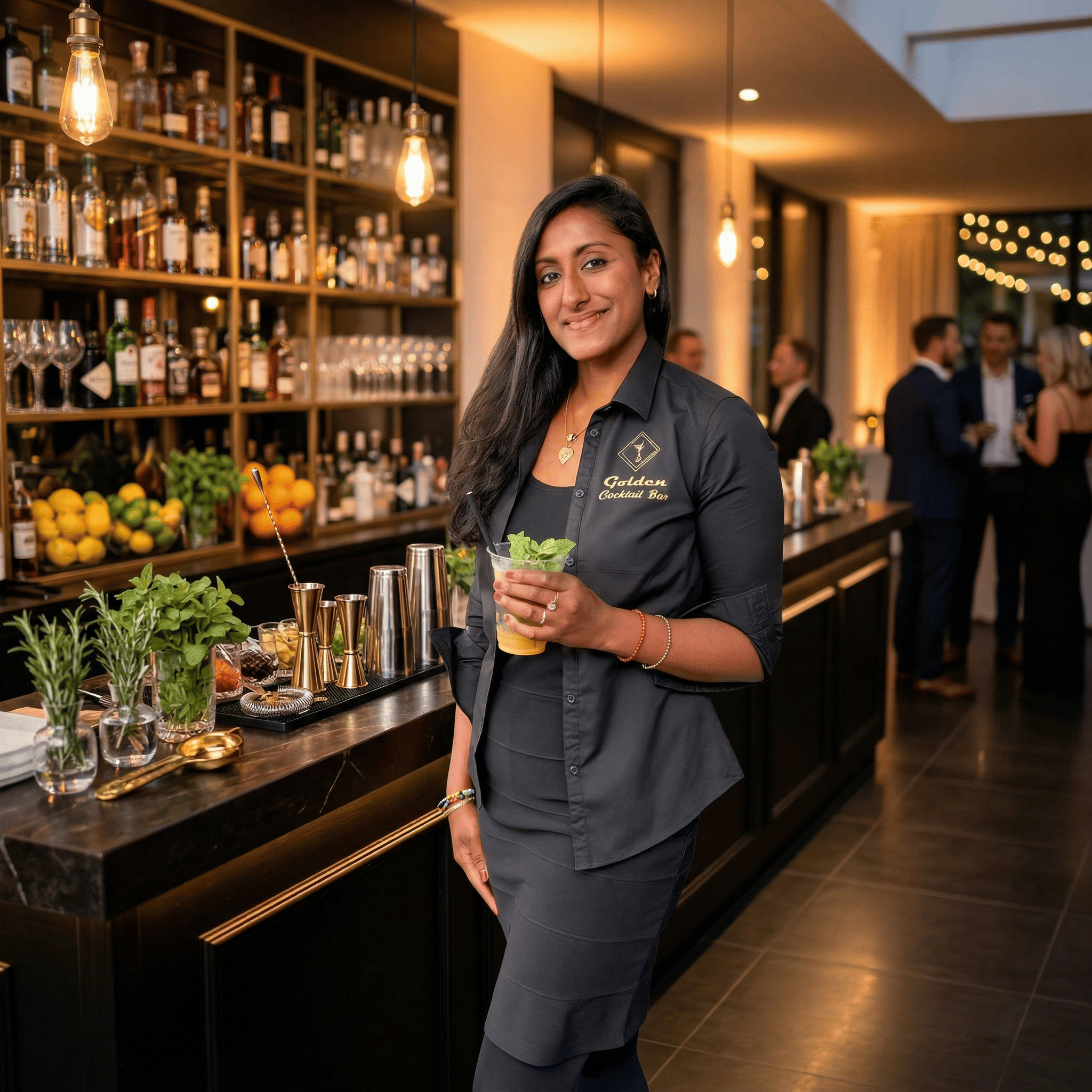 A professional female bartender holding a fresh mint cocktail at a luxury gold-accented cocktail bar.